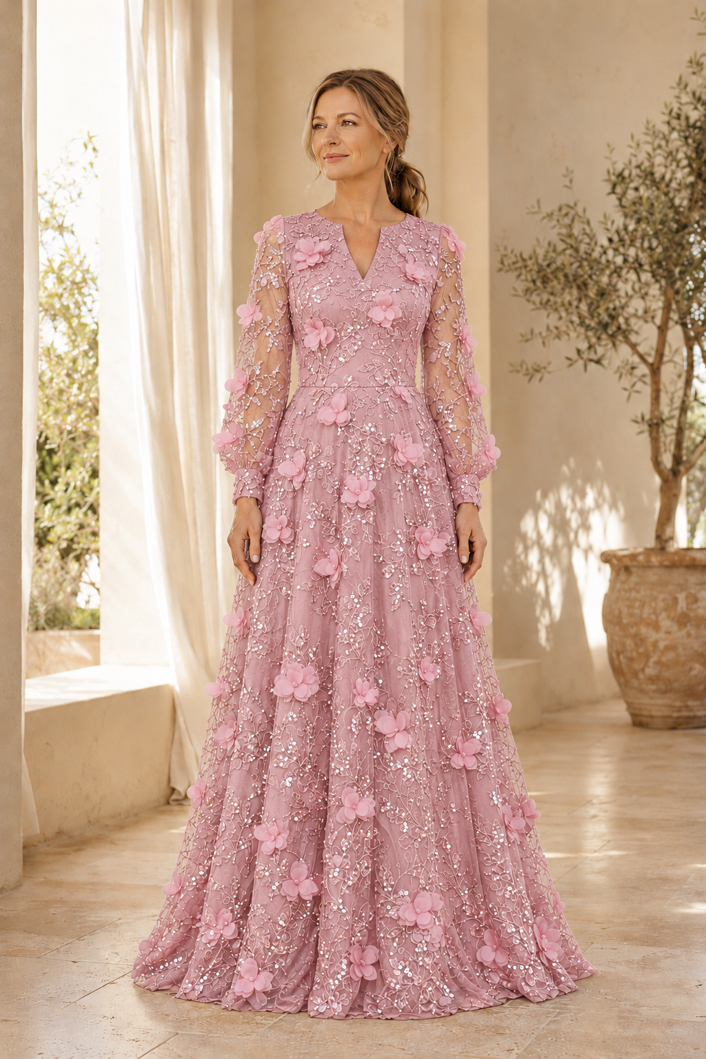 Langärmeliges A-Linien-Kleid aus Spitze mit floralen 3D-Applikationen