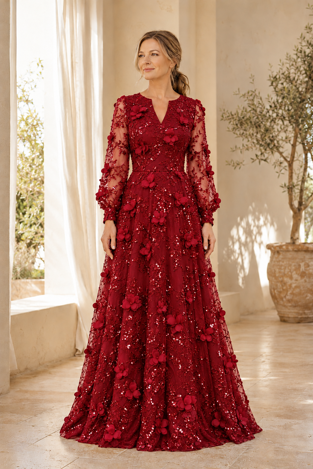 Langärmeliges A-Linien-Kleid aus Spitze mit floralen 3D-Applikationen