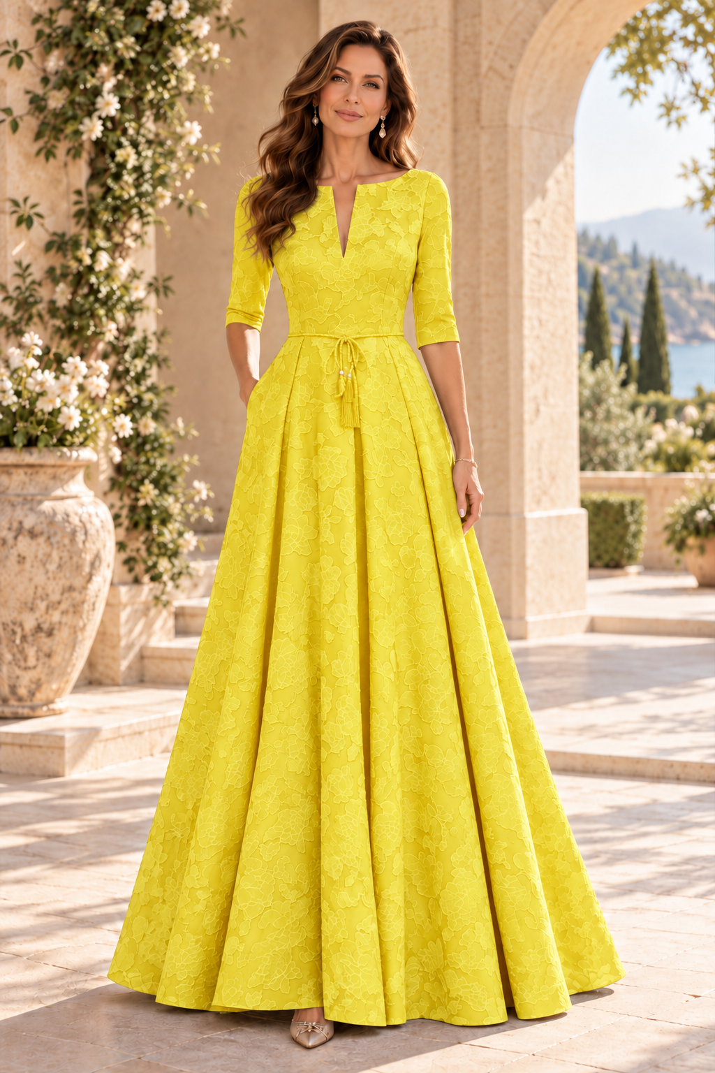Jacquard A-Line Gown with Slit Neckline & 3/4 Sleeves