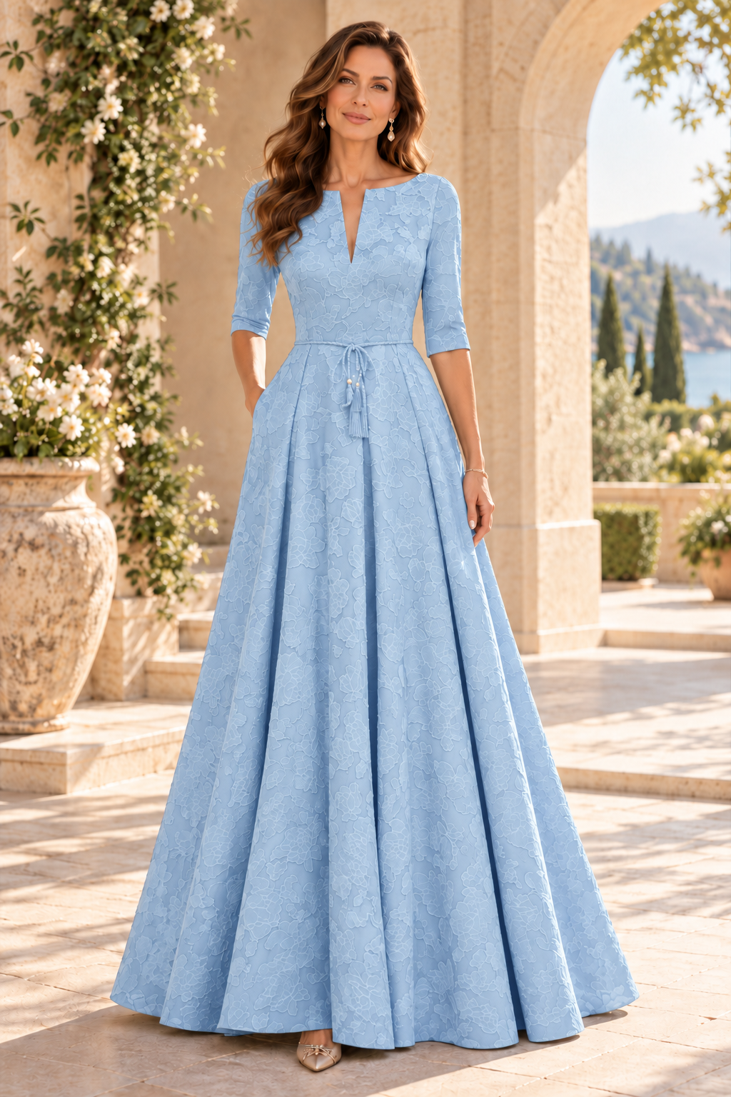 Jacquard A-Line Gown with Slit Neckline & 3/4 Sleeves