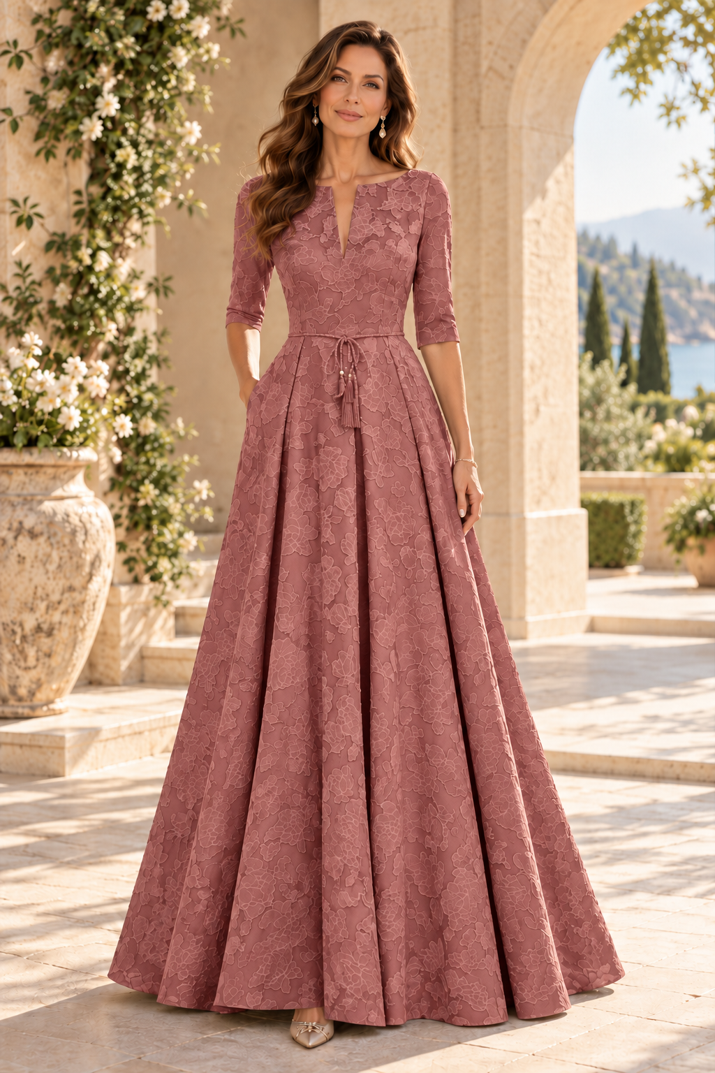 Jacquard A-Line Gown with Slit Neckline & 3/4 Sleeves