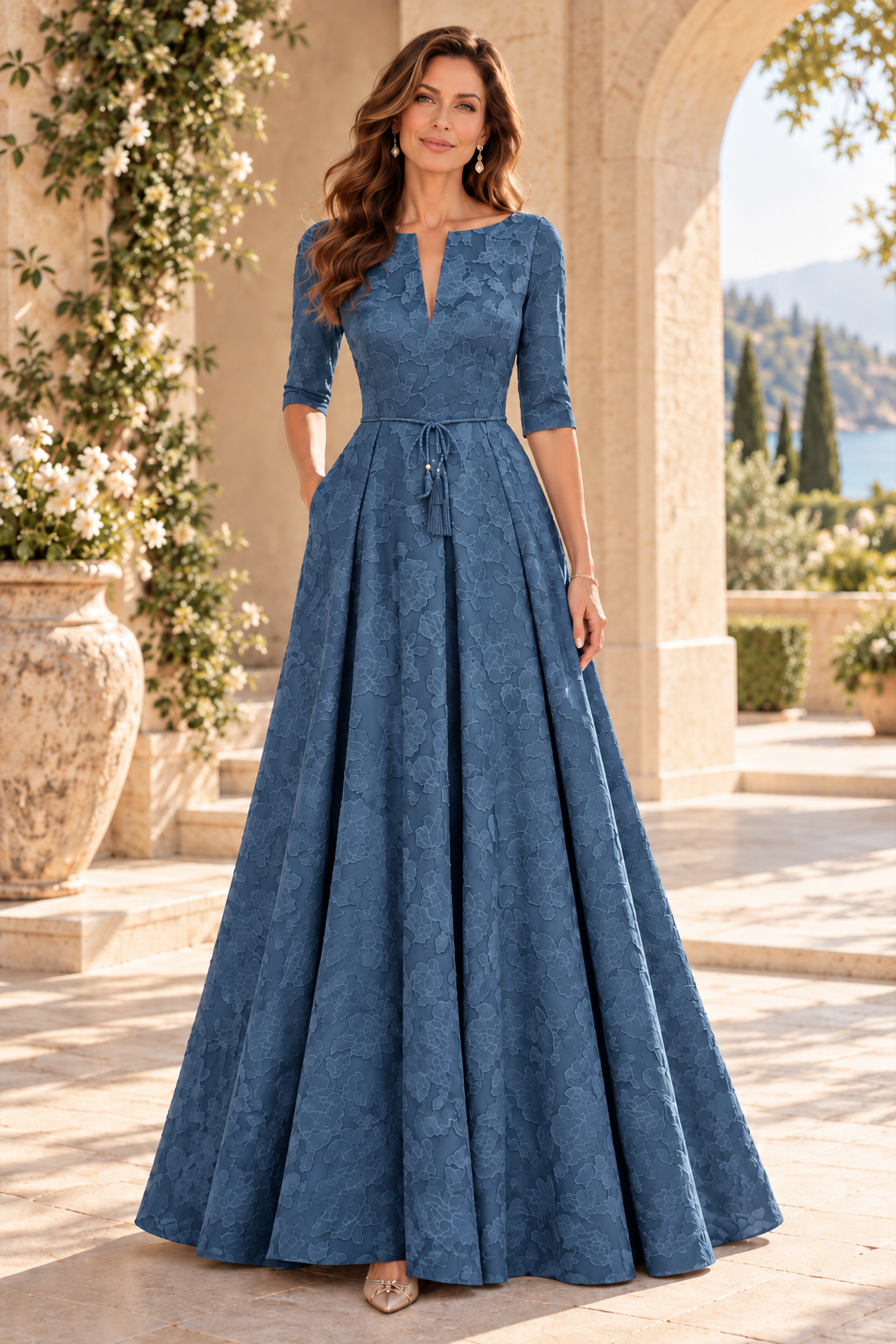 Jacquard A-Line Gown with Slit Neckline & 3/4 Sleeves