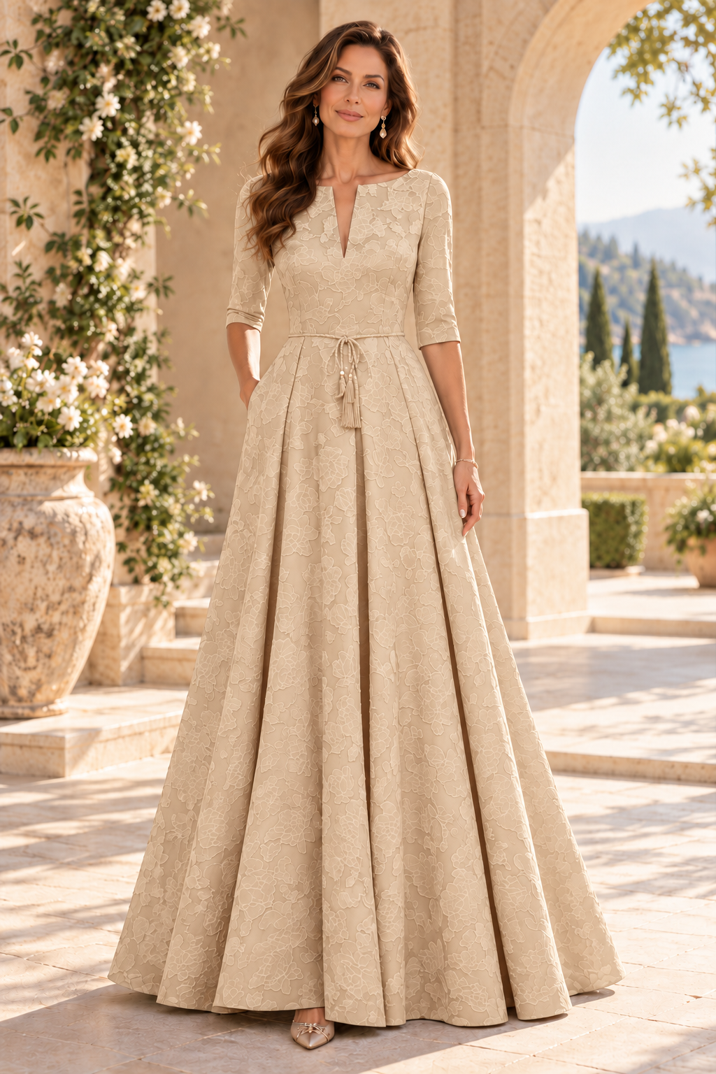 Jacquard A-Line Gown with Slit Neckline & 3/4 Sleeves