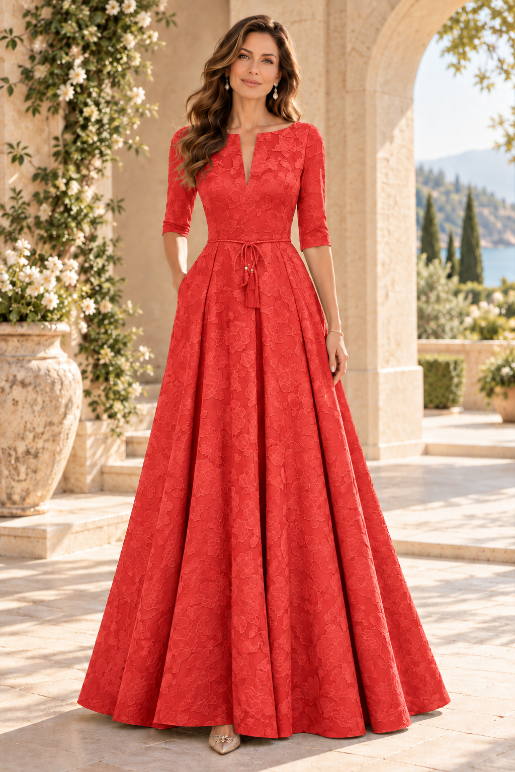 Jacquard A-Line Gown with Slit Neckline & 3/4 Sleeves