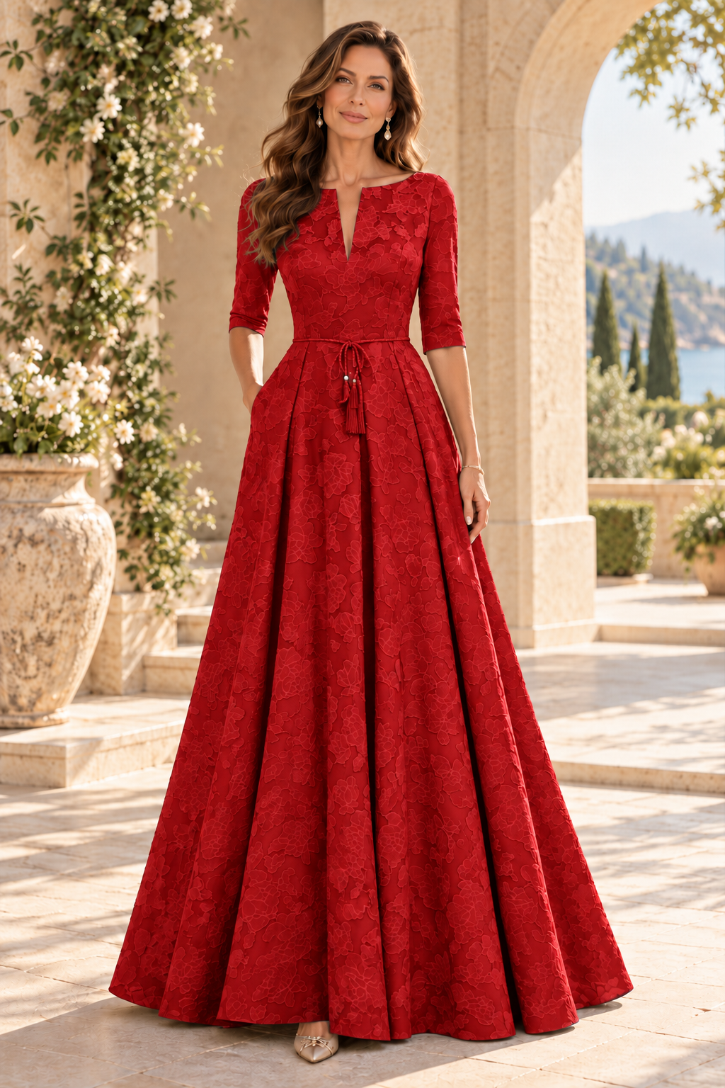 Jacquard A-Line Gown with Slit Neckline & 3/4 Sleeves