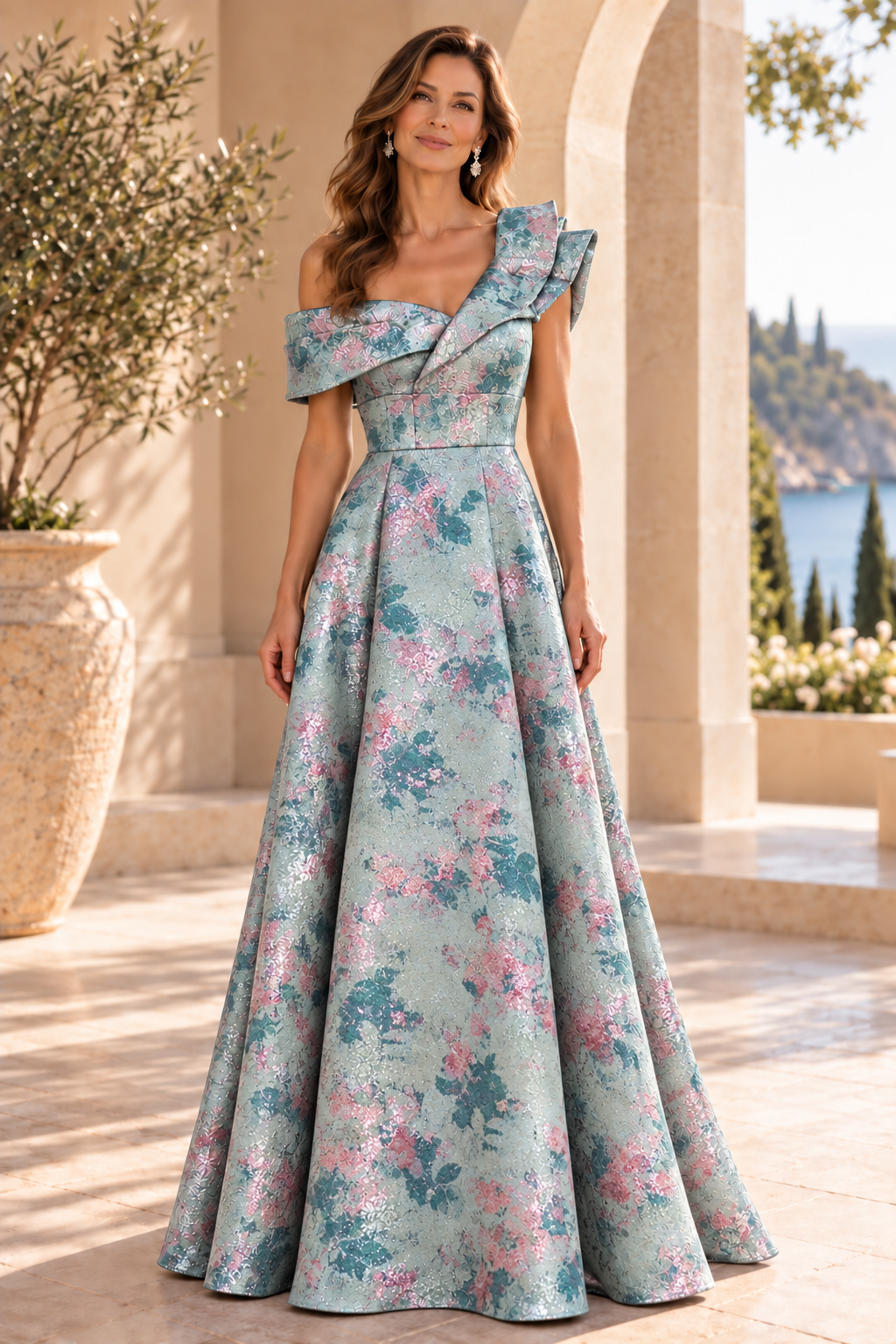 Metallic Jacquard Asymmetric A-Line Evening Gown