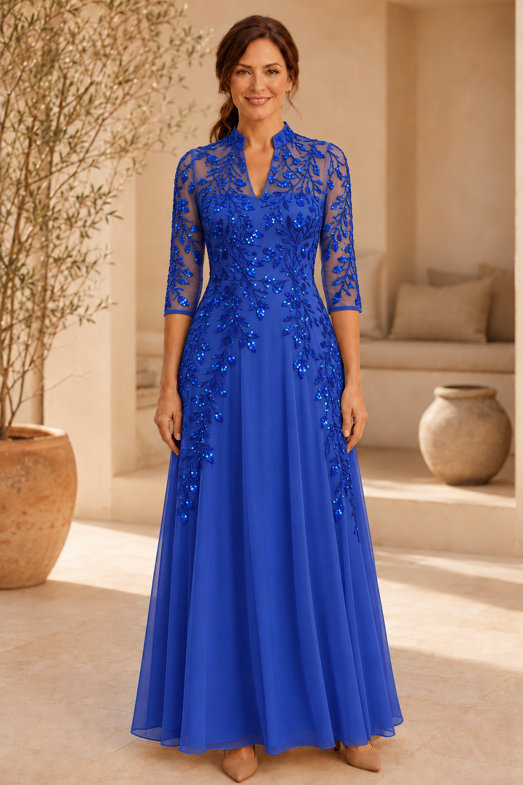 Abendkleid mit Perlenstickerei, A-Linie und 3/4-Ärmeln