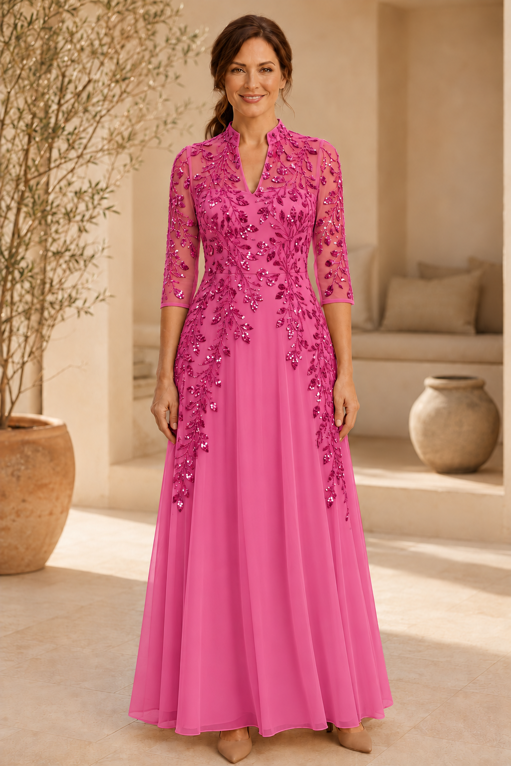 Abendkleid mit Perlenstickerei, A-Linie und 3/4-Ärmeln