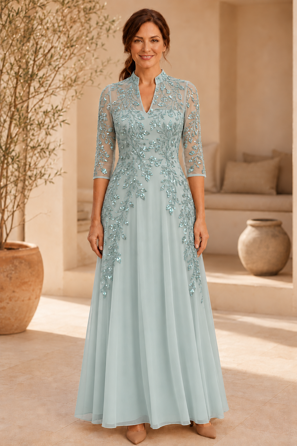 Abendkleid mit Perlenstickerei, A-Linie und 3/4-Ärmeln
