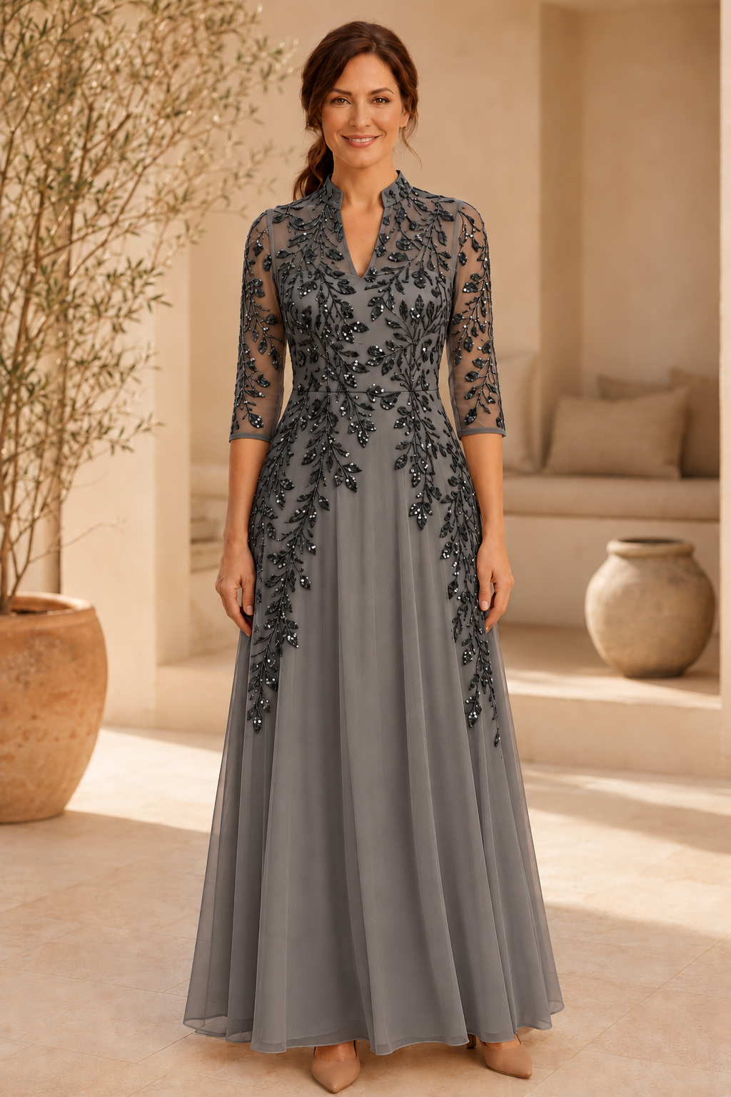 Abendkleid mit Perlenstickerei, A-Linie und 3/4-Ärmeln