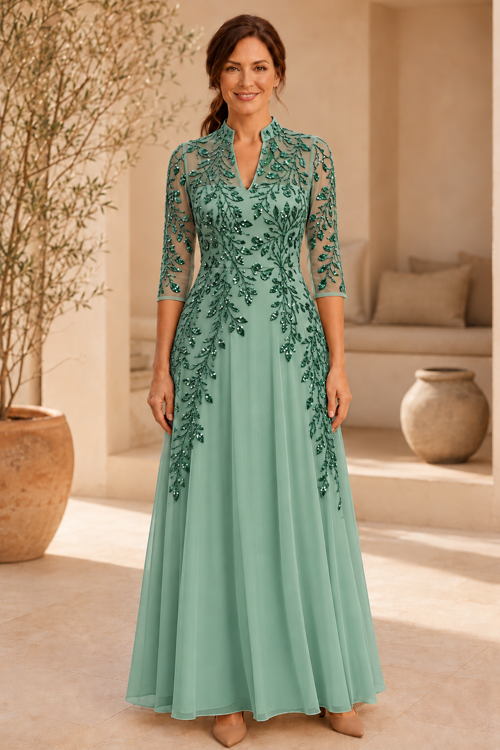Abendkleid mit Perlenstickerei, A-Linie und 3/4-Ärmeln