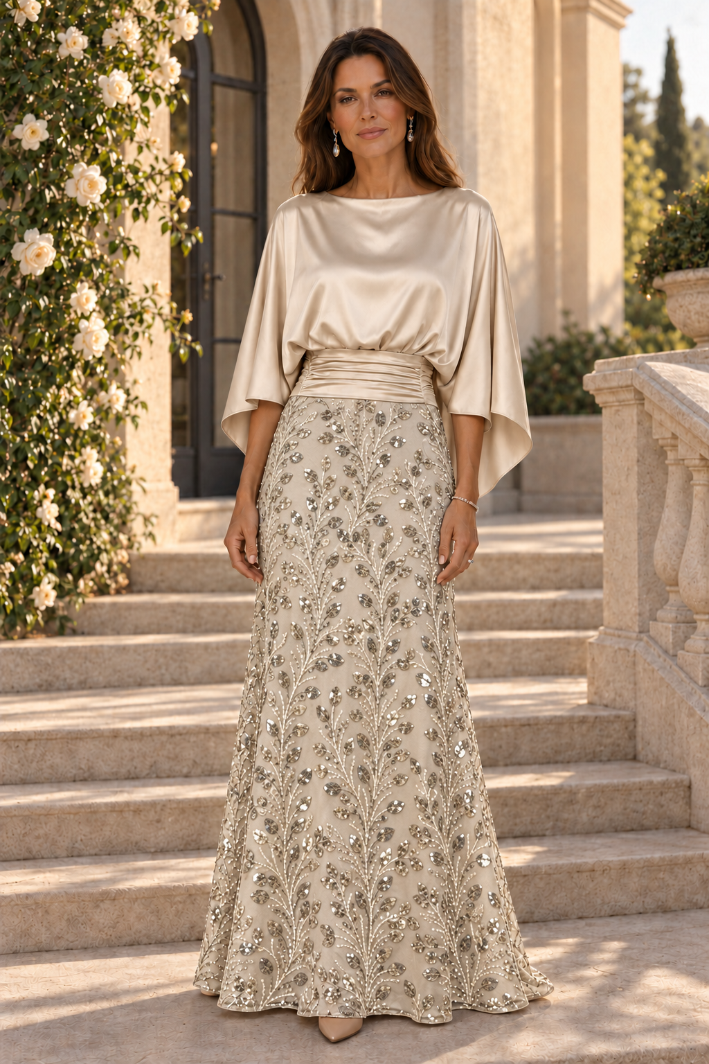 Satin Capelet Bodice Gown with Sequin Skirt