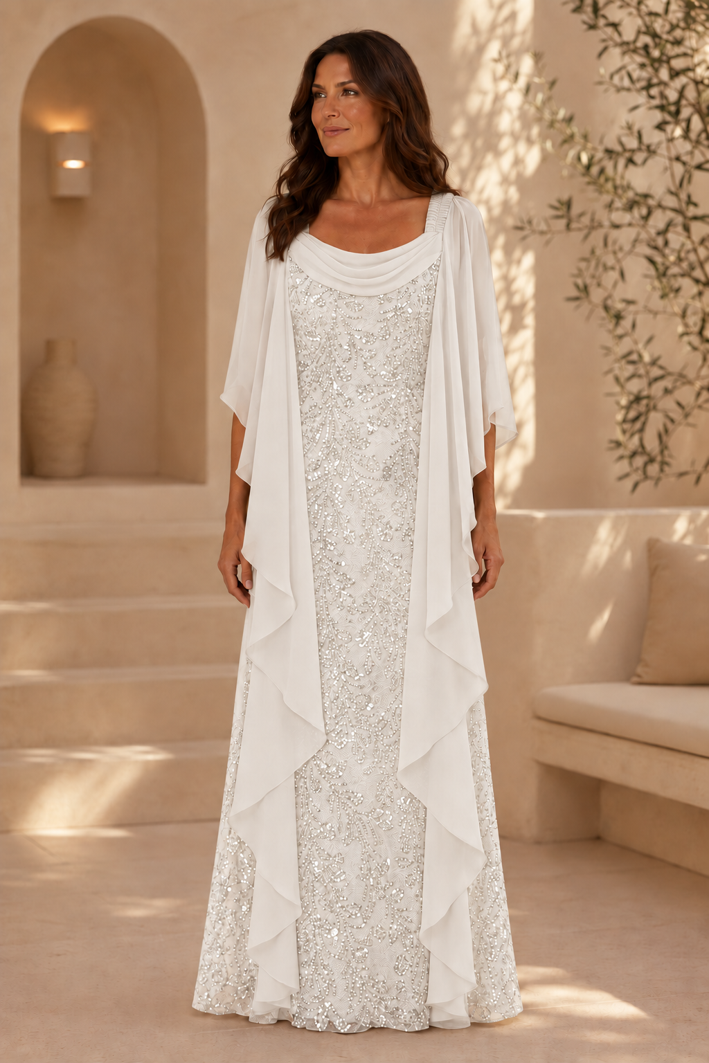 Pailletten-Spitzenkleid mit Chiffon-Schleppenärmeln und Wasserfallausschnitt