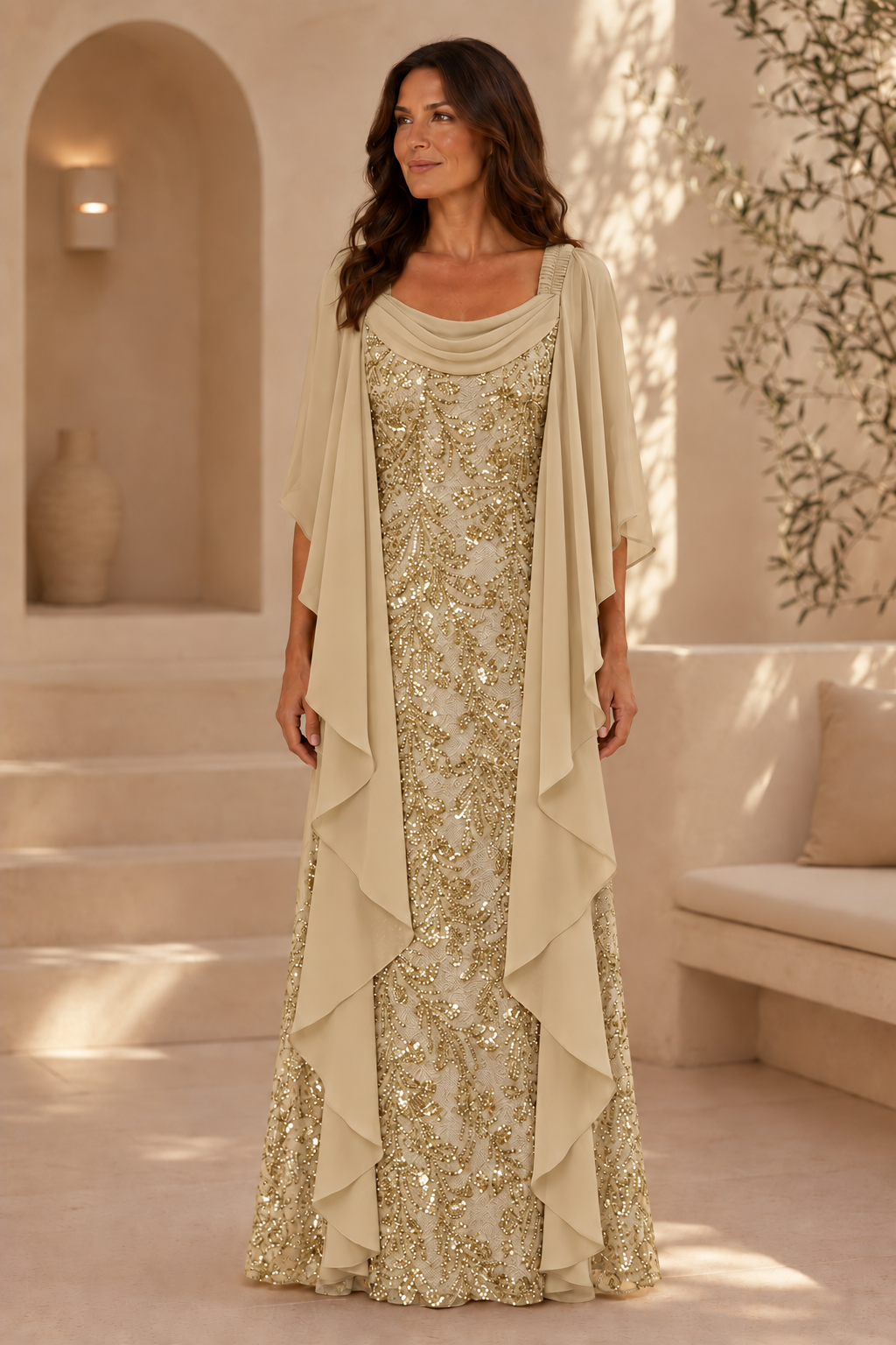Pailletten-Spitzenkleid mit Chiffon-Schleppenärmeln und Wasserfallausschnitt