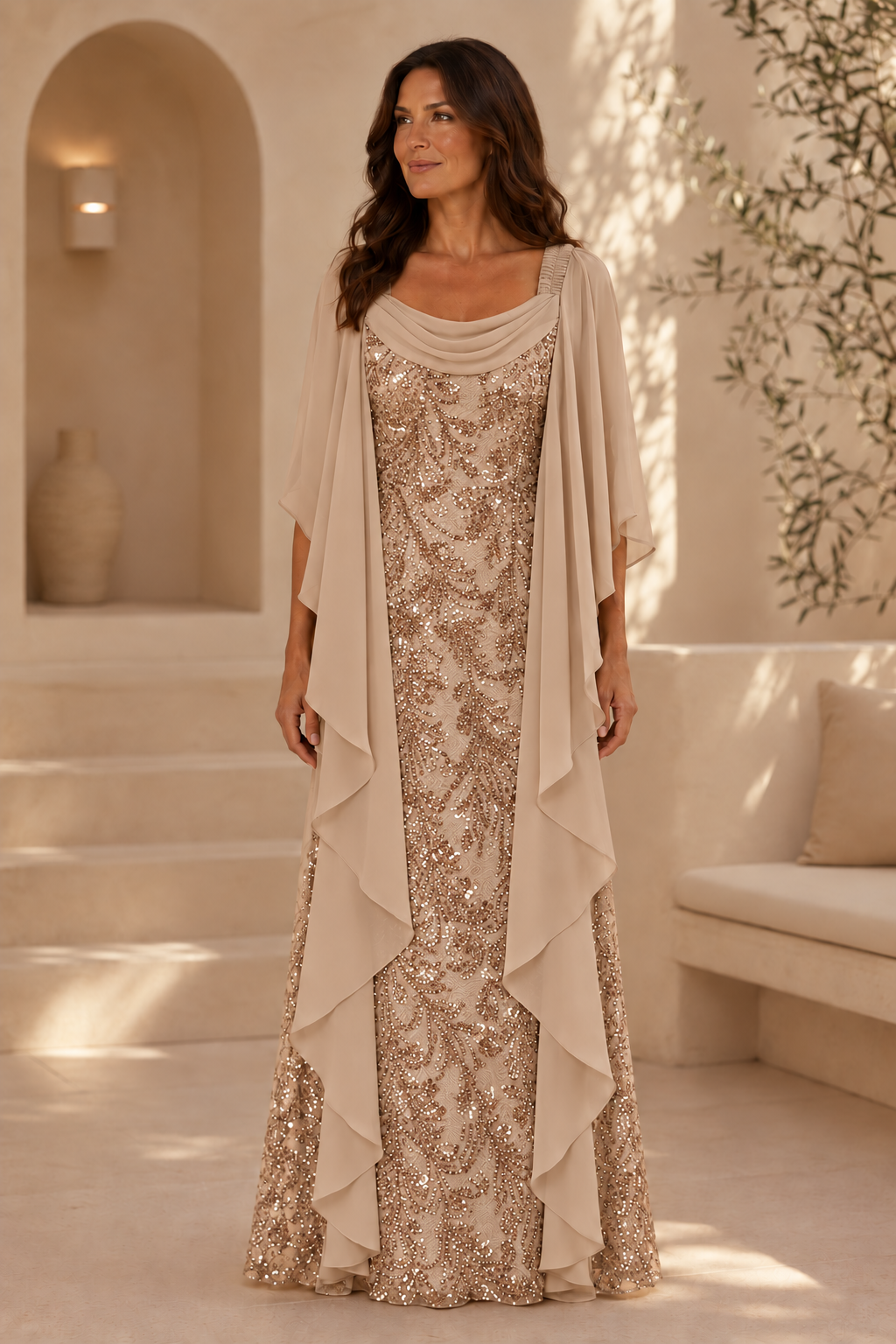 Pailletten-Spitzenkleid mit Chiffon-Schleppenärmeln und Wasserfallausschnitt