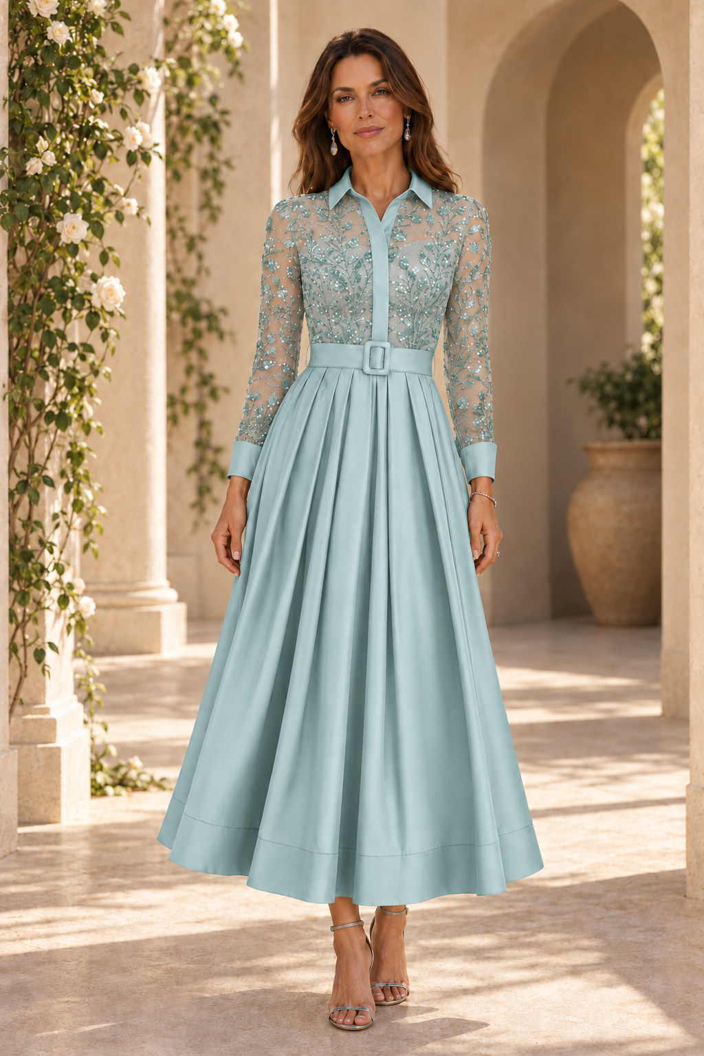 Sequined Shirt Collar Pleated A-Line Midi Dress