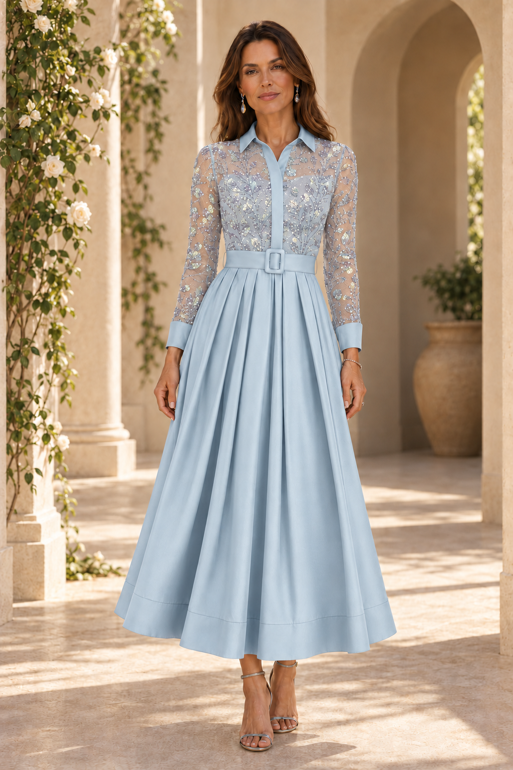 Sequined Shirt Collar Pleated A-Line Midi Dress