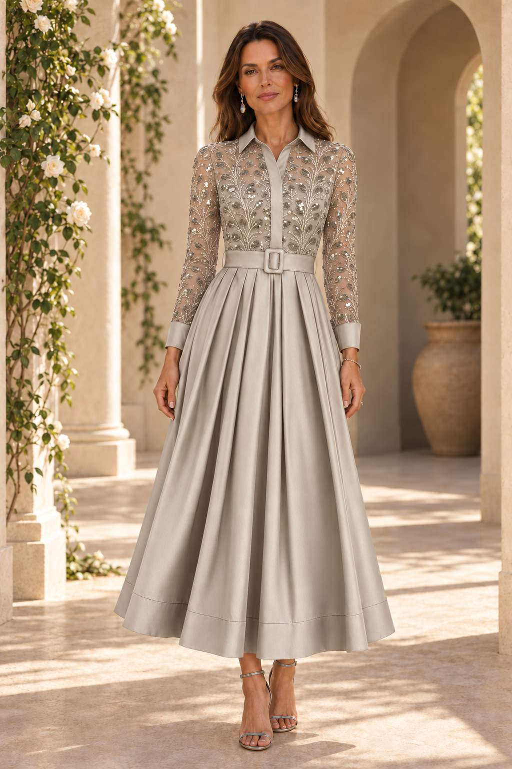 Sequined Shirt Collar Pleated A-Line Midi Dress