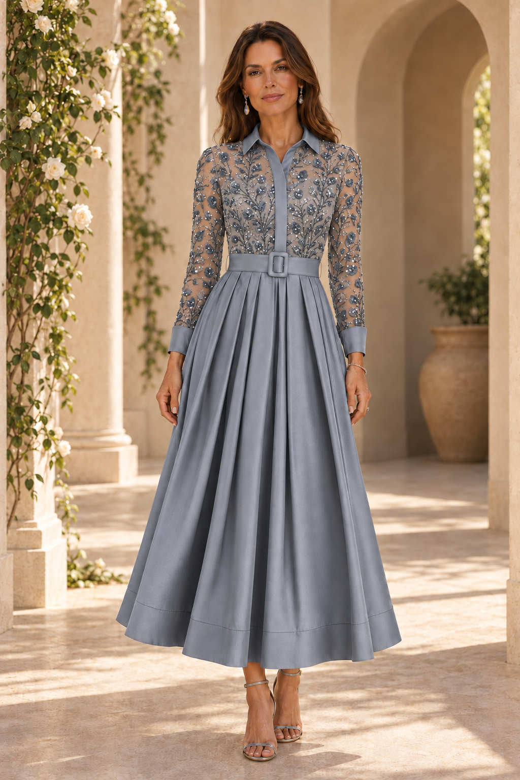 Sequined Shirt Collar Pleated A-Line Midi Dress