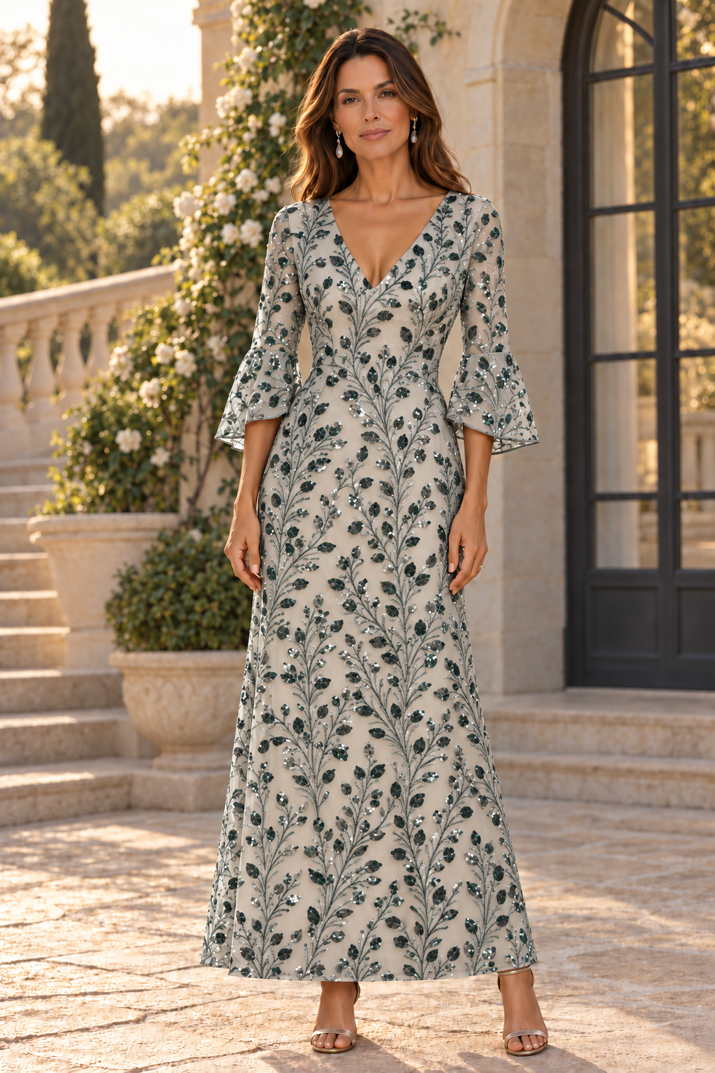 Sequin Bell Sleeve V-Neck A-Line Maxi Dress