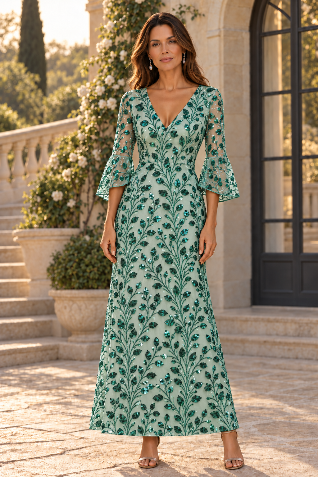 Sequin Bell Sleeve V-Neck A-Line Maxi Dress
