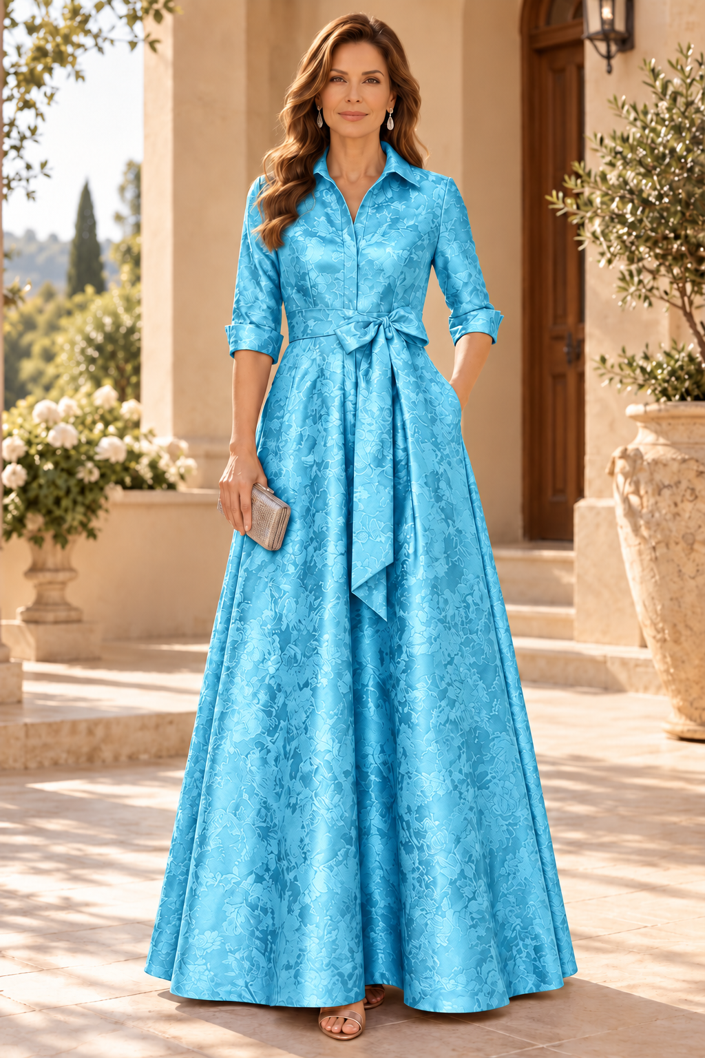 Collared Jacquard A-Line Gown with Sash Belt