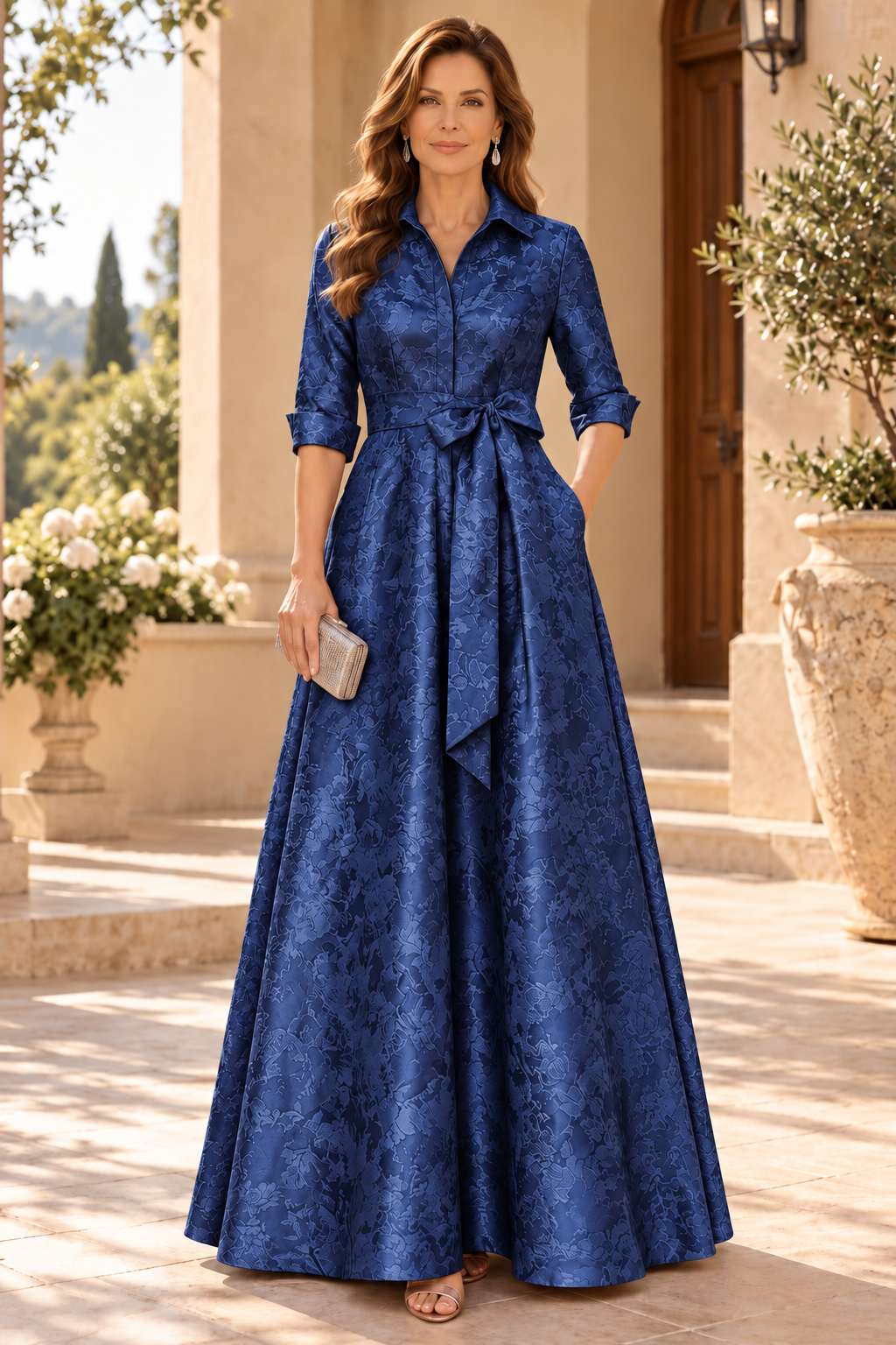 Collared Jacquard A-Line Gown with Sash Belt
