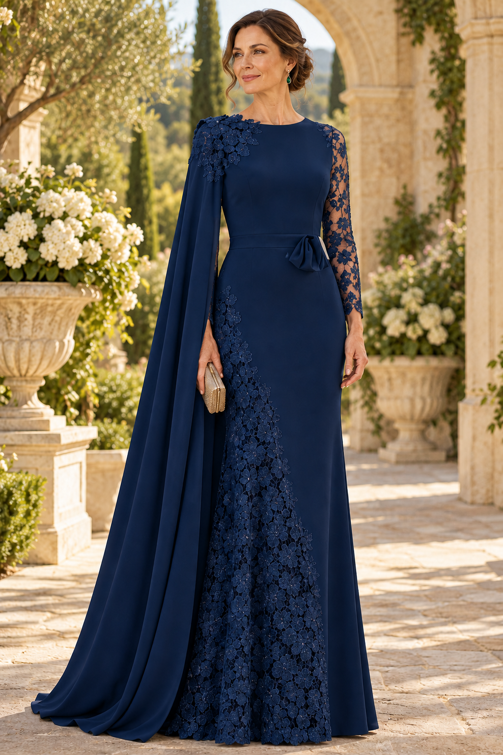 Cape Evening Gown with Lace Applique Inset