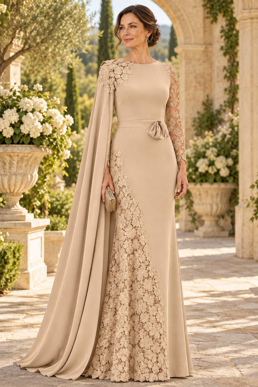 Cape Evening Gown with Lace Applique Inset