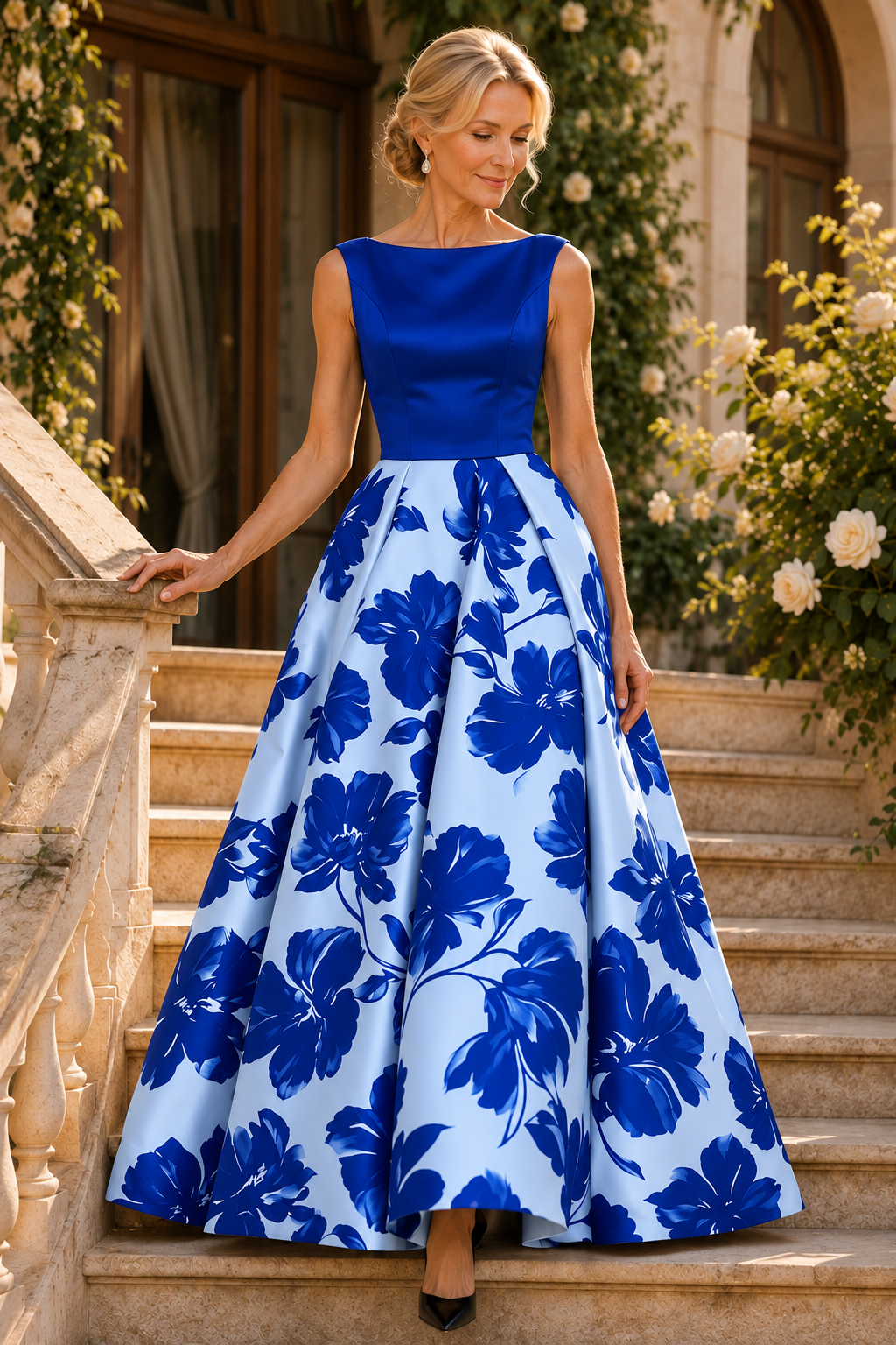 Ärmelloses Ballkleid mit U-Boot-Ausschnitt und Blumenmuster