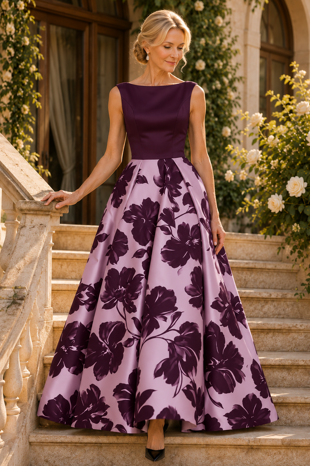 Ärmelloses Ballkleid mit U-Boot-Ausschnitt und Blumenmuster