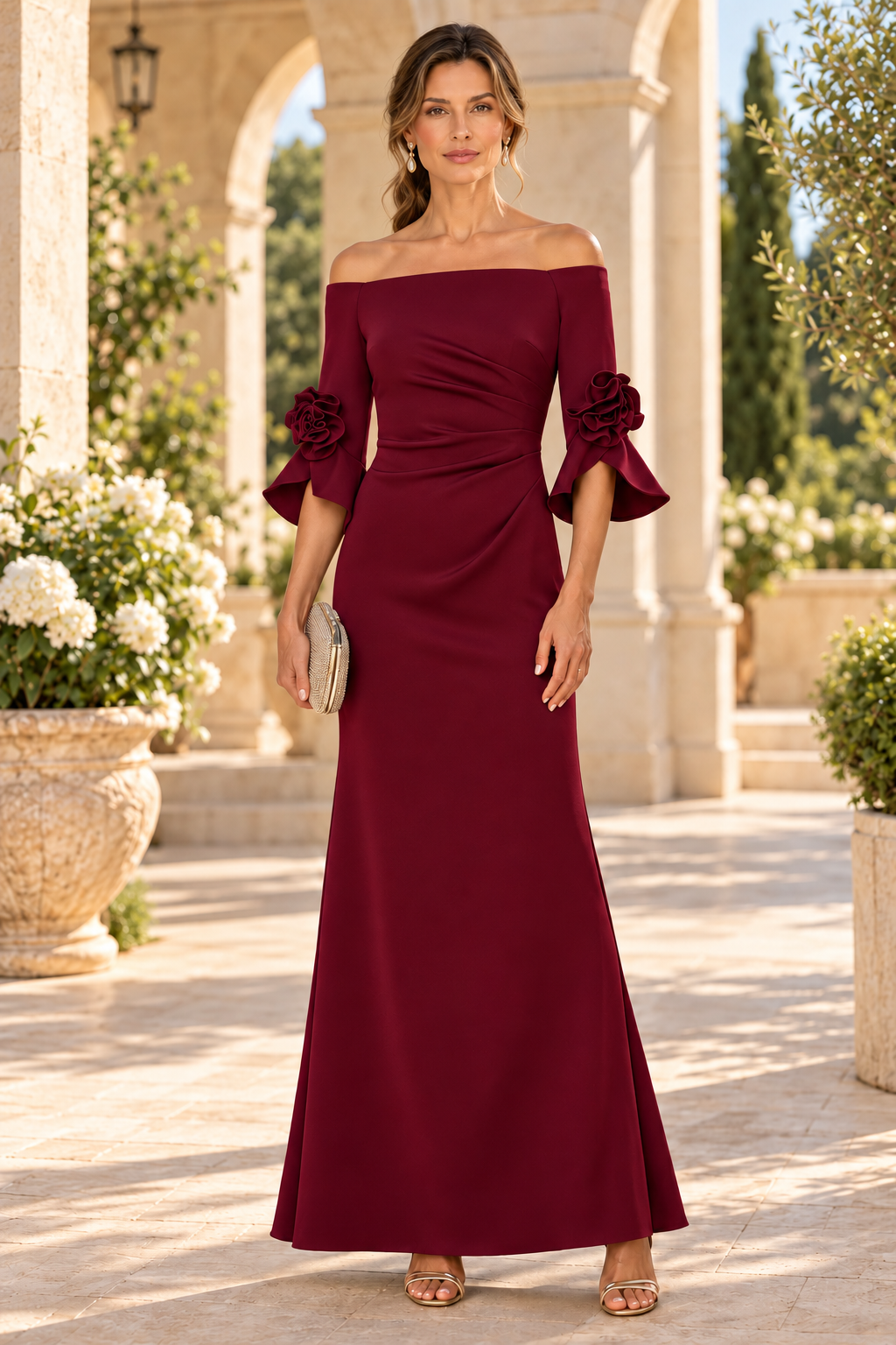 Off-the-Shoulder Gown with Fluted Floral Sleeves