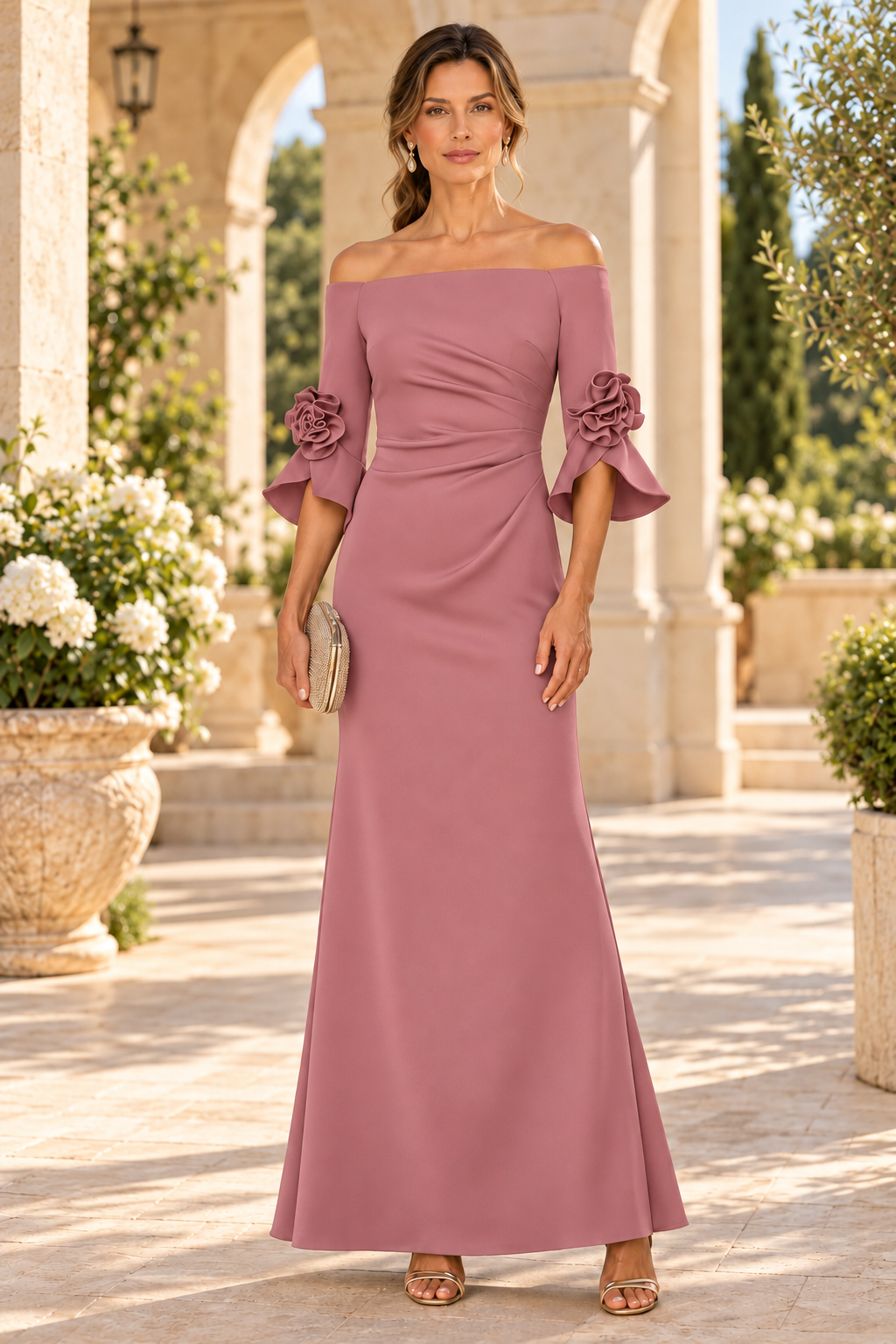 Off-the-Shoulder Gown with Fluted Floral Sleeves