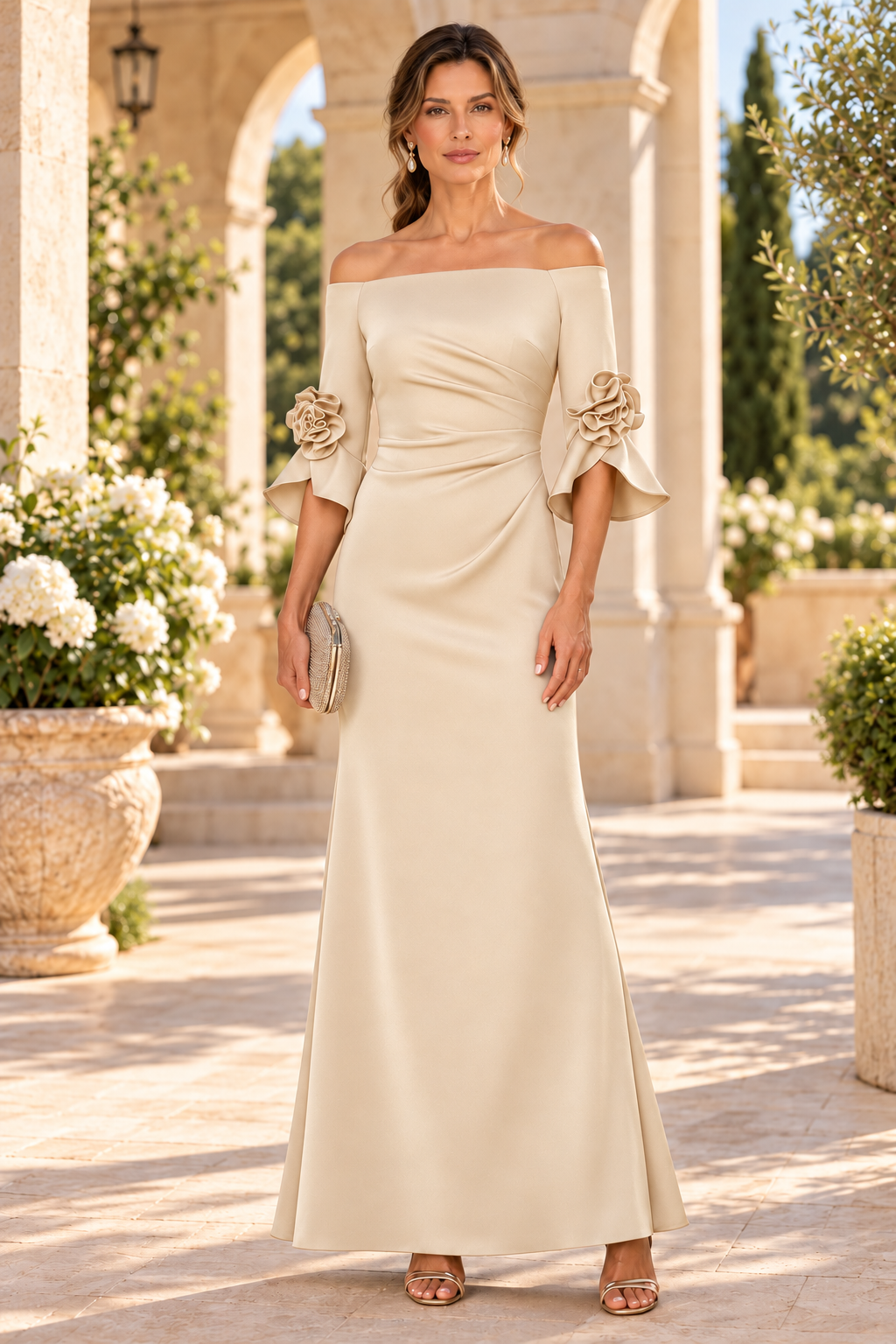 Off-the-Shoulder Gown with Fluted Floral Sleeves