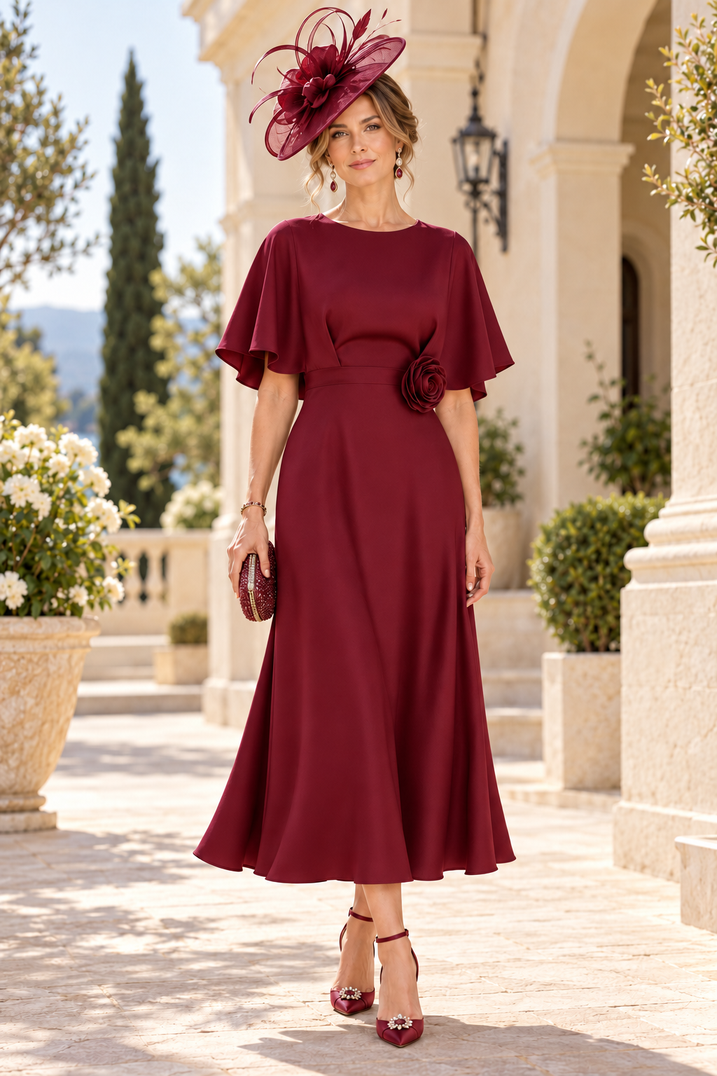 Flutter Sleeve Midi Dress with Rosette Waist