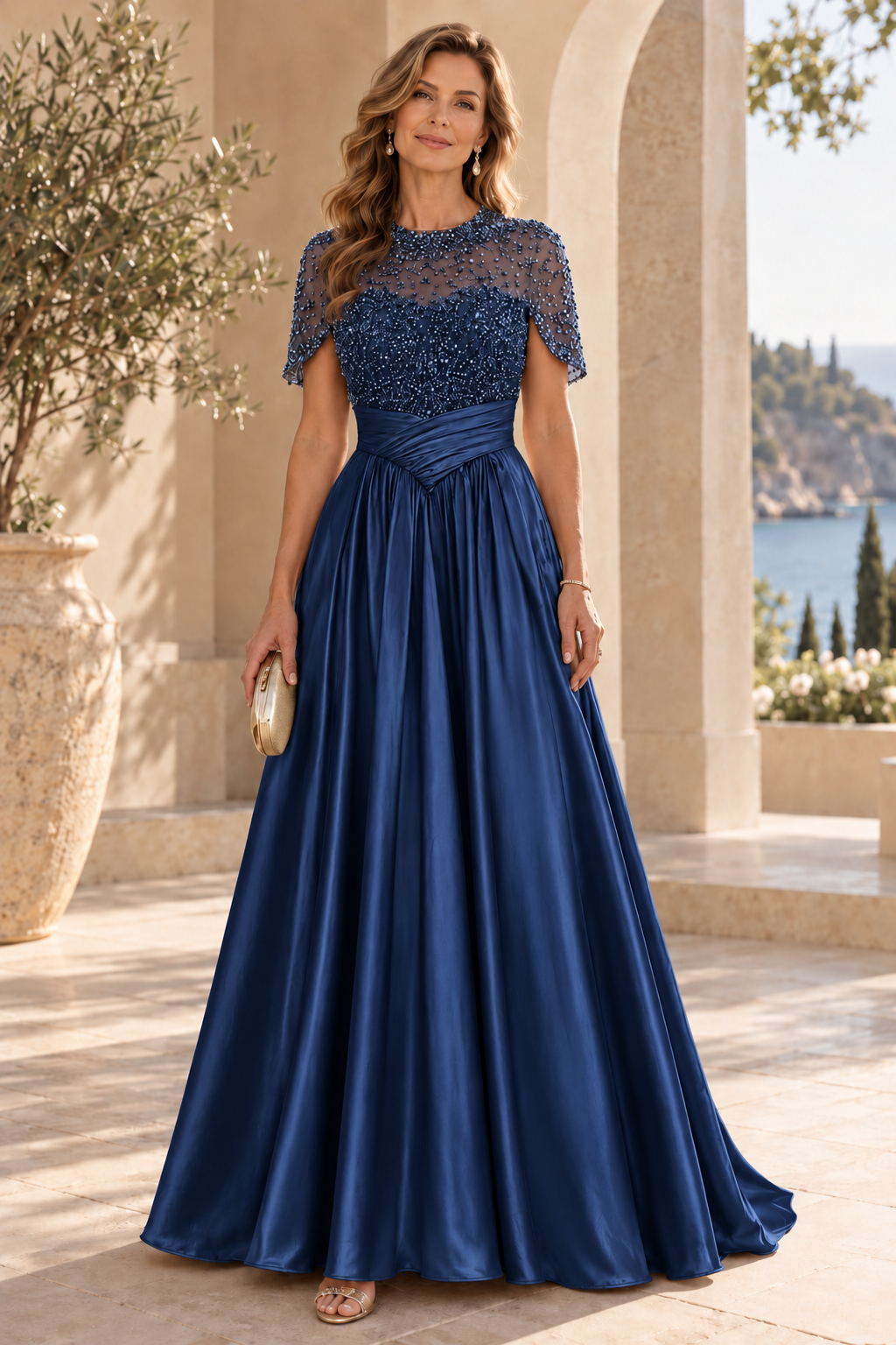 Beaded Illusion Capelet Satin A-Line Gown