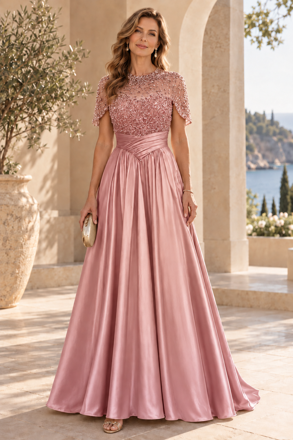 Beaded Illusion Capelet Satin A-Line Gown