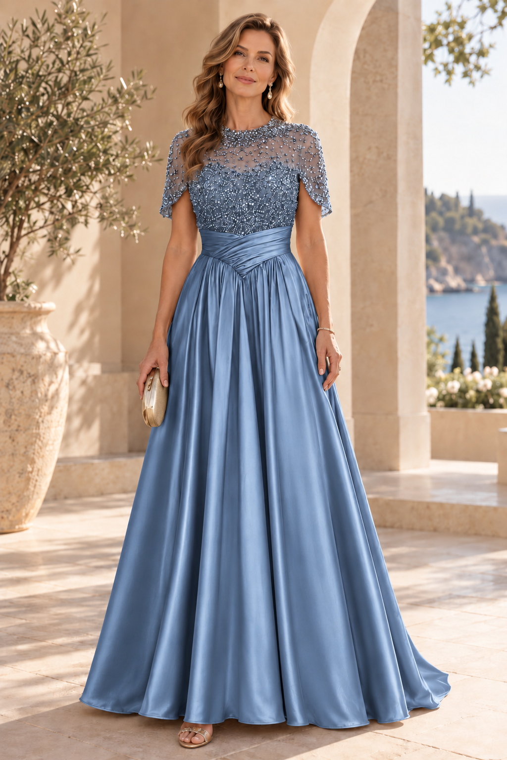Beaded Illusion Capelet Satin A-Line Gown