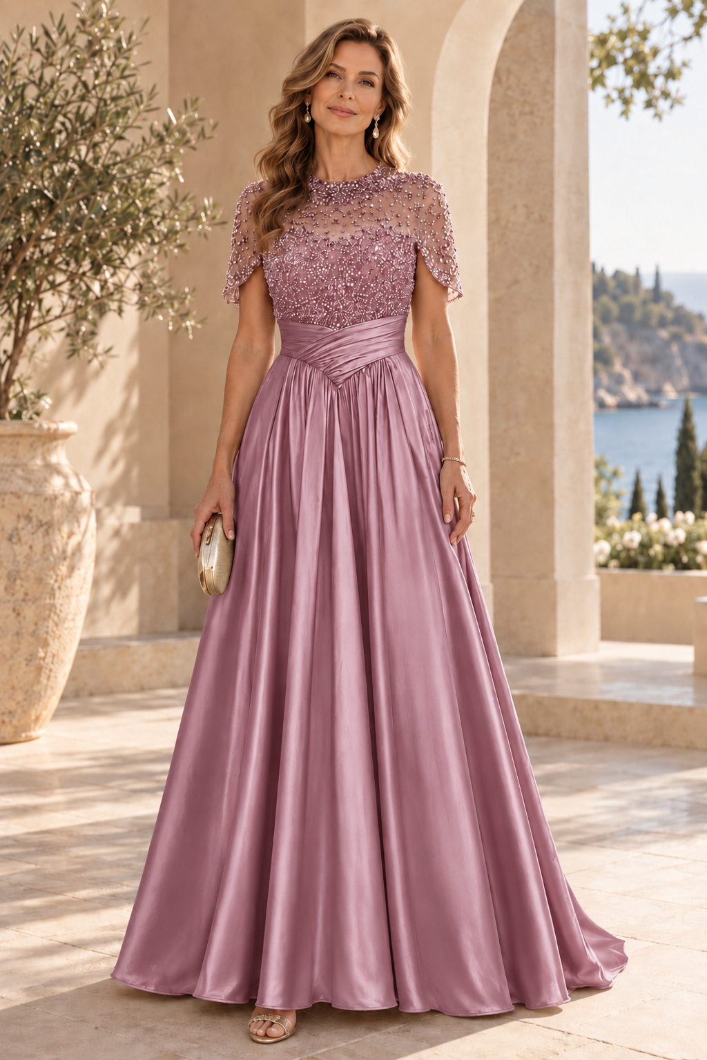 Beaded Illusion Capelet Satin A-Line Gown
