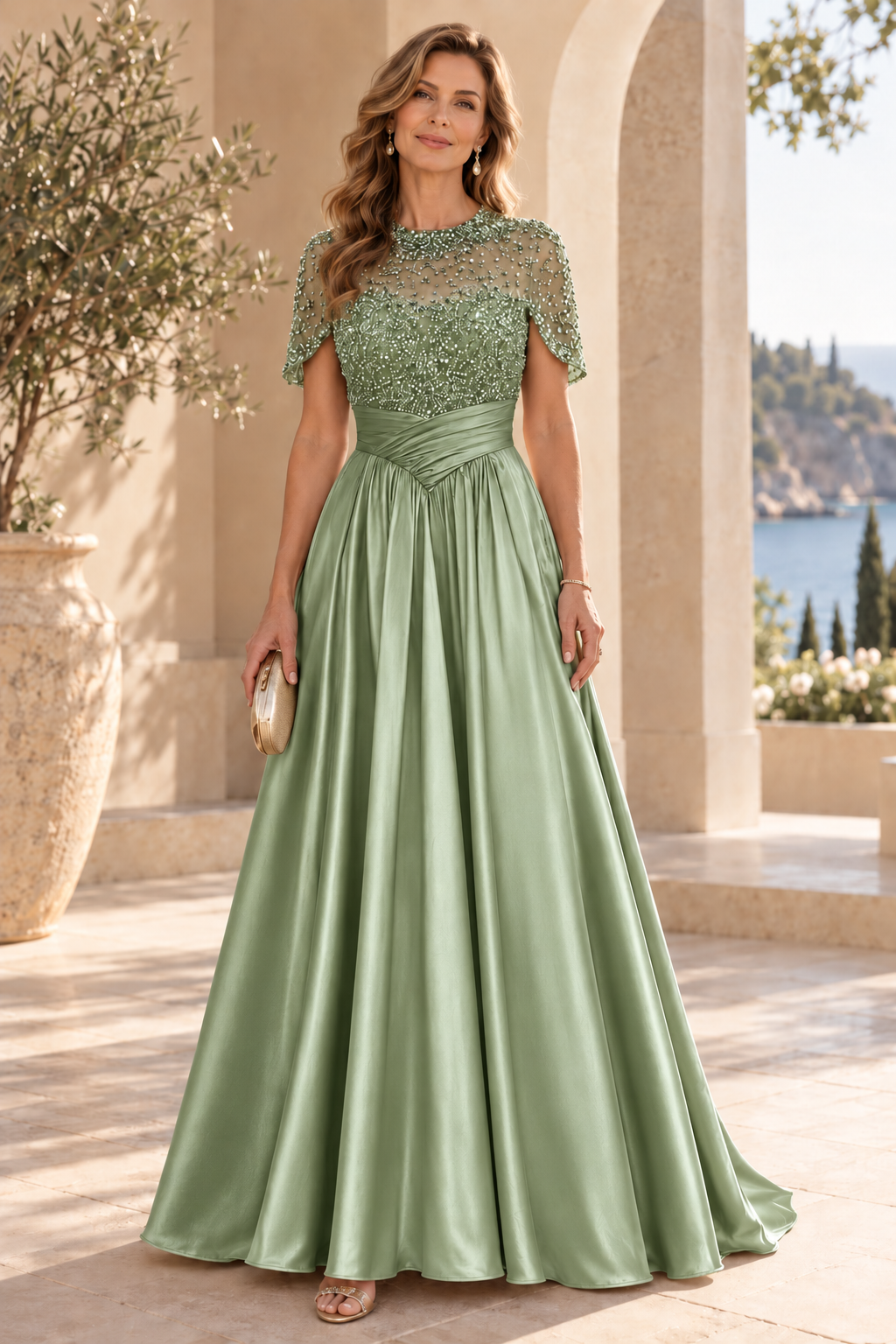 Beaded Illusion Capelet Satin A-Line Gown