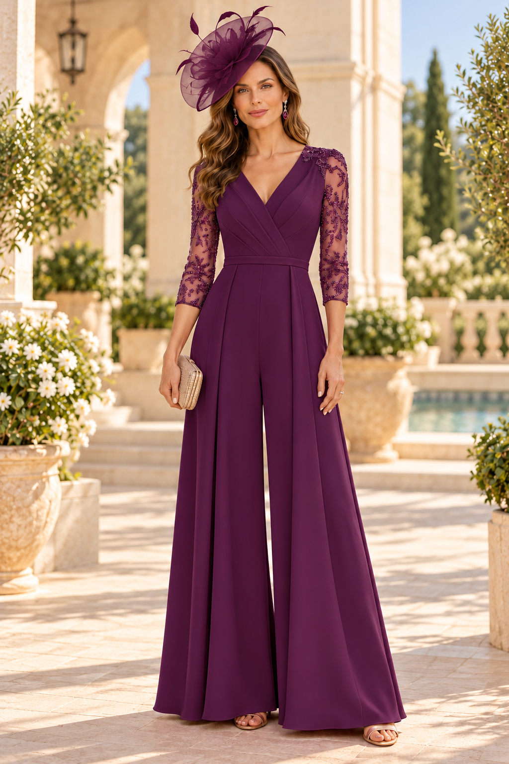 Wide-Leg Formal Jumpsuit with Beaded Sleeves