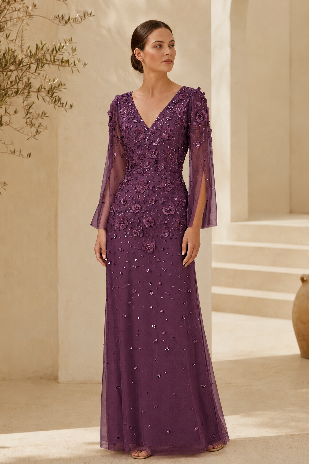 Florales Perlenabendkleid mit langen Ärmeln