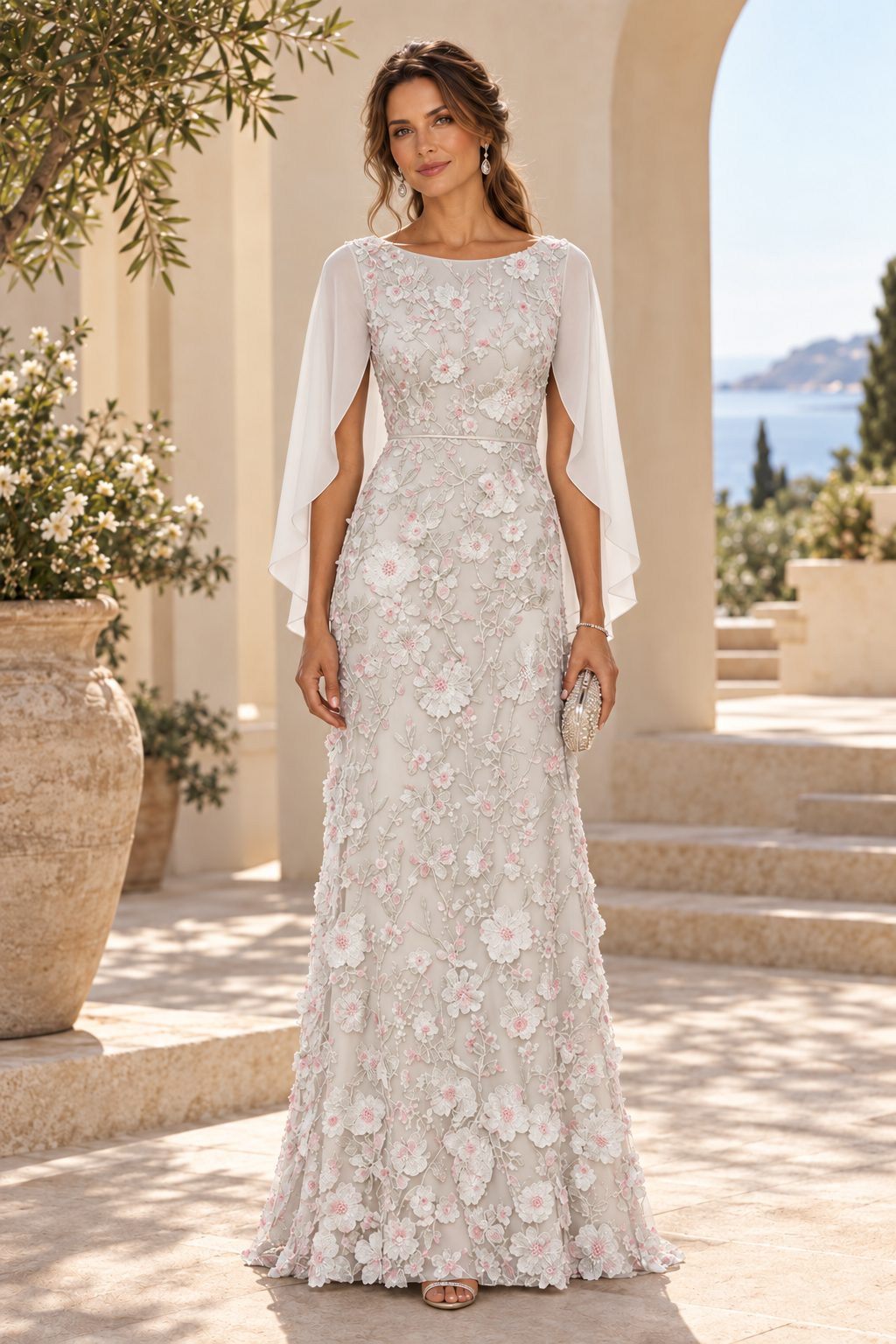 3D Floral Applique Gown with Draped Back Cape