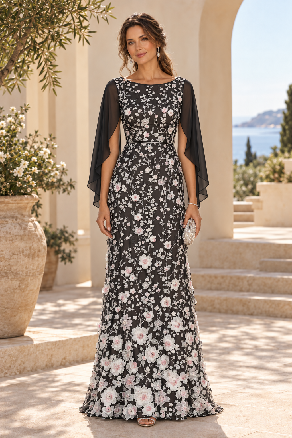 3D Floral Applique Gown with Draped Back Cape
