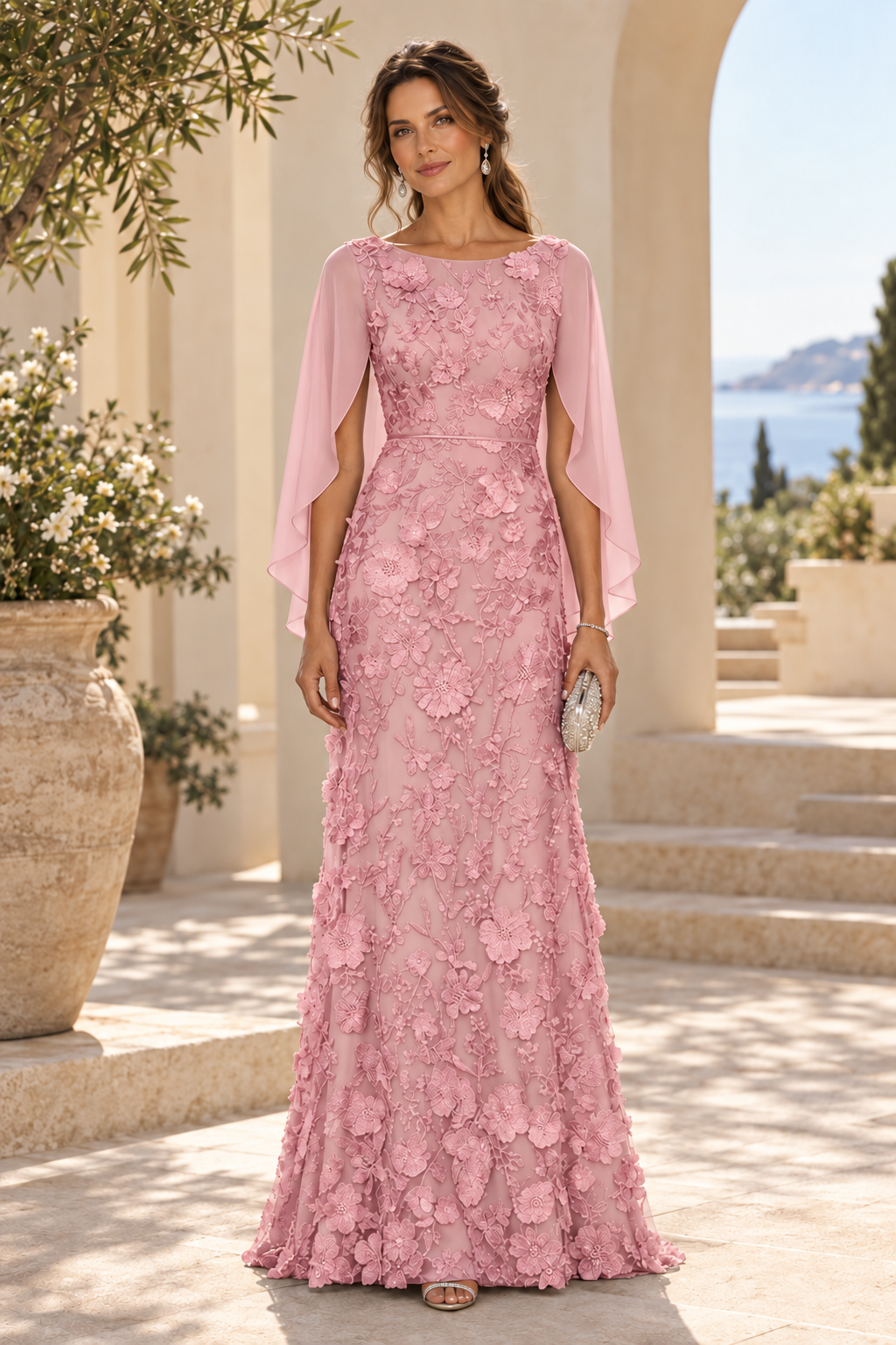 3D Floral Applique Gown with Draped Back Cape