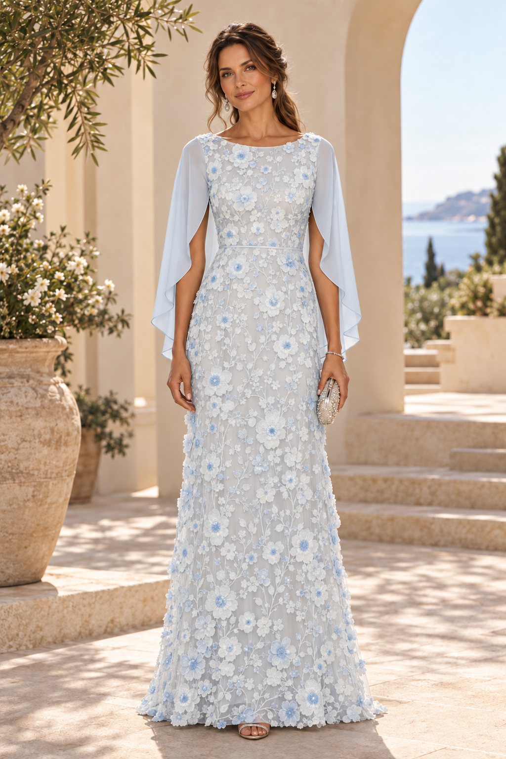 3D Floral Applique Gown with Draped Back Cape