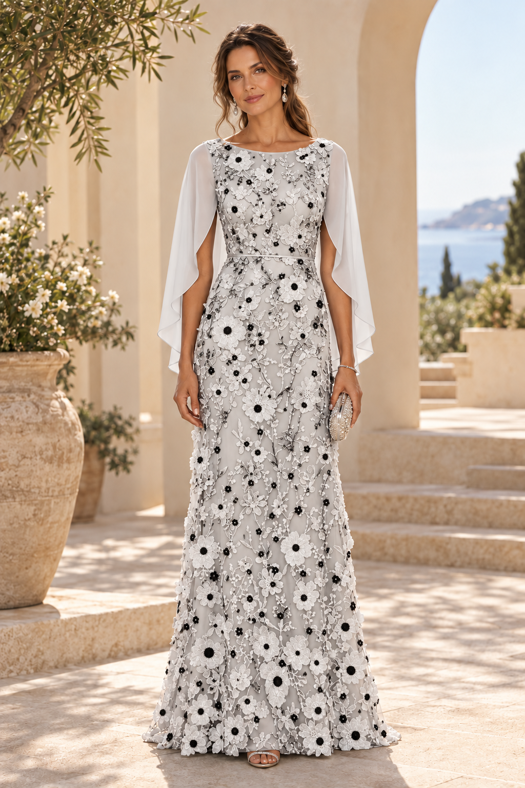 3D Floral Applique Gown with Draped Back Cape