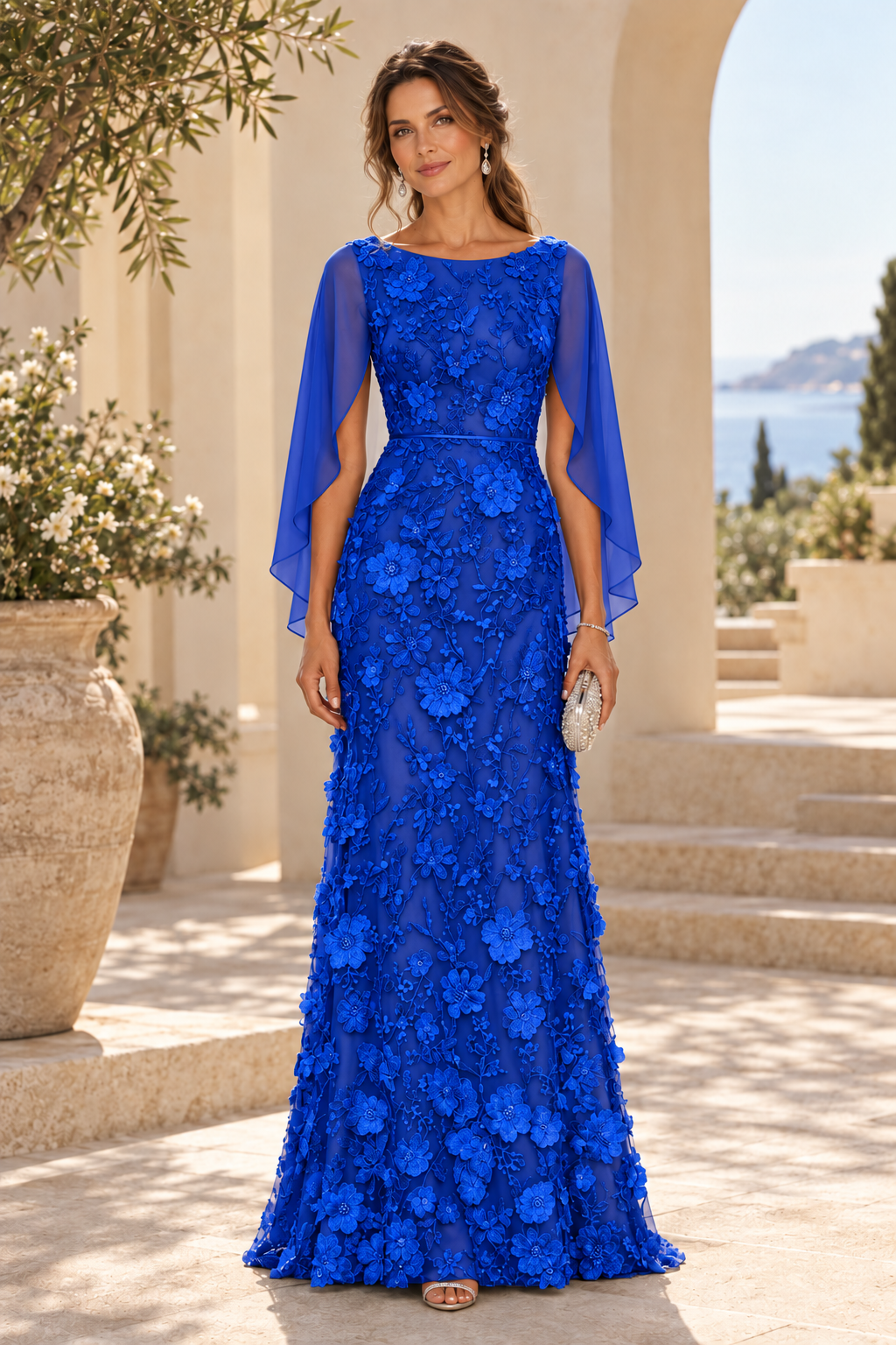 3D Floral Applique Gown with Draped Back Cape