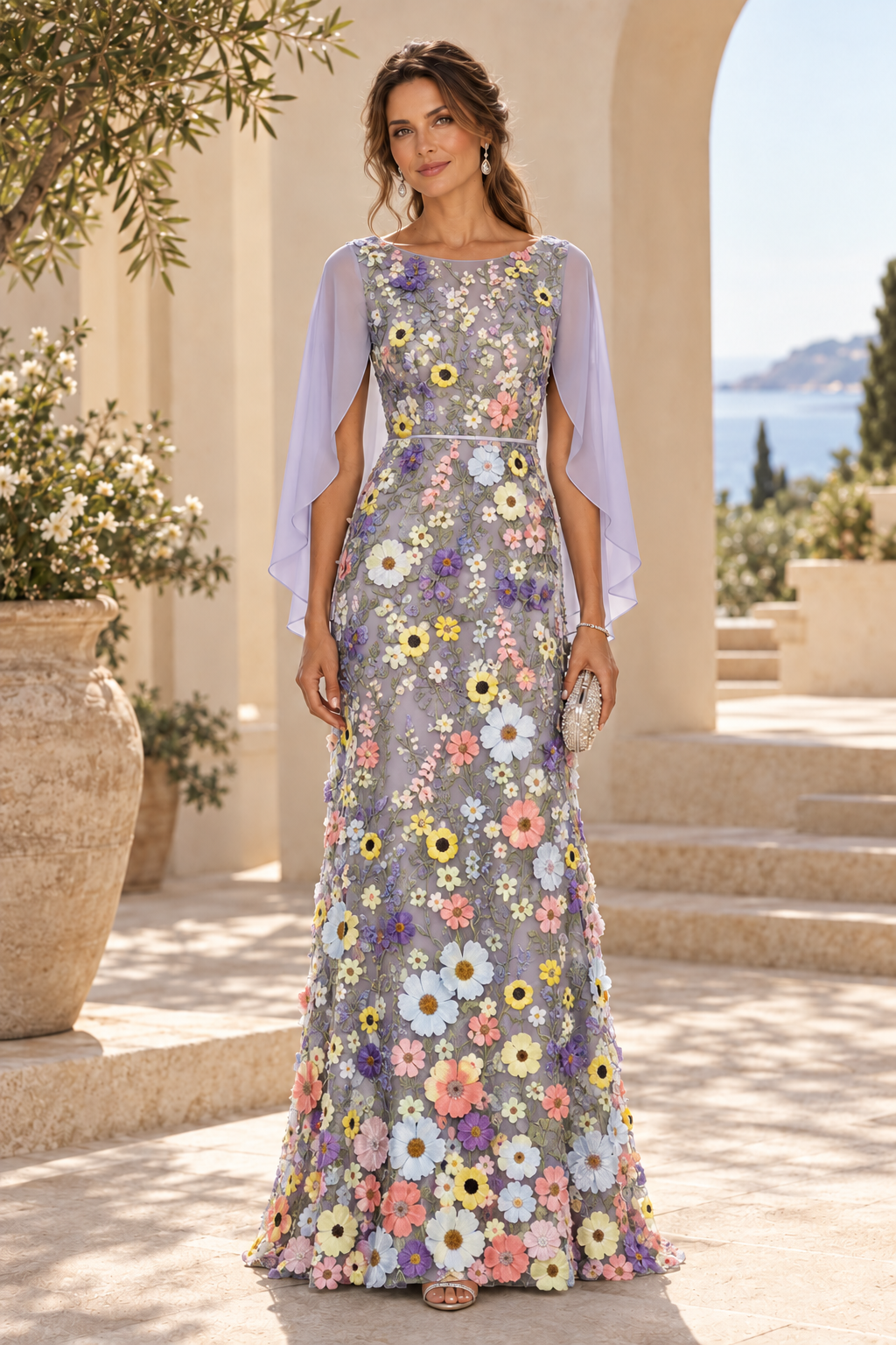3D Floral Applique Gown with Draped Back Cape