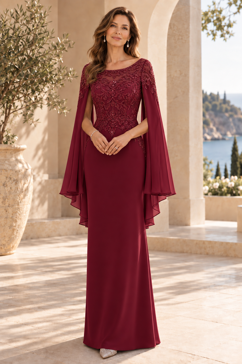Embroidered Cape Sleeve Floor-Length Gown